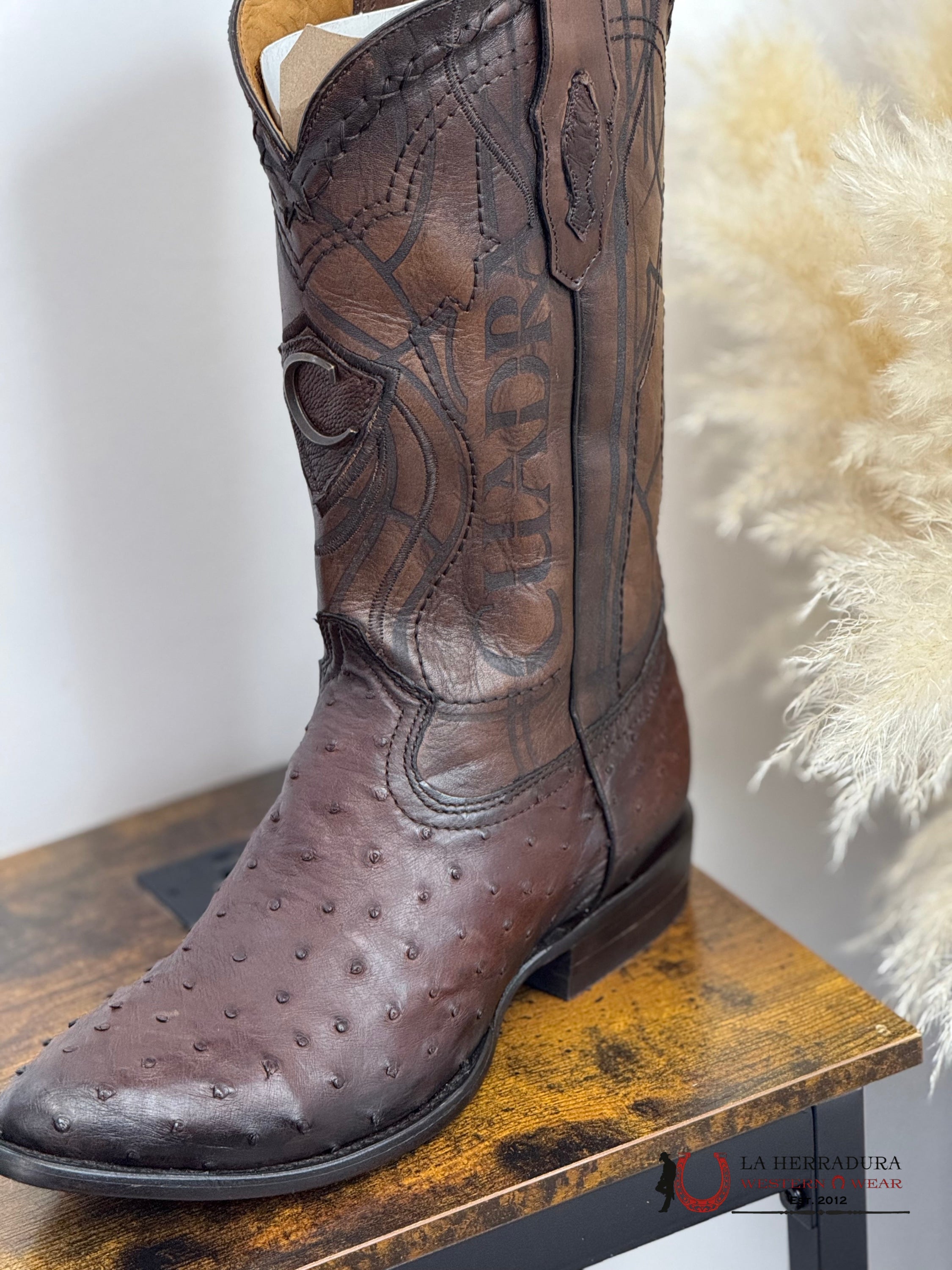 CUADRA BOOTS OSTRICH FLAME CAFE LASER & WOVEN ROUND TOE 2C10A1 BOTAS HOMBRES