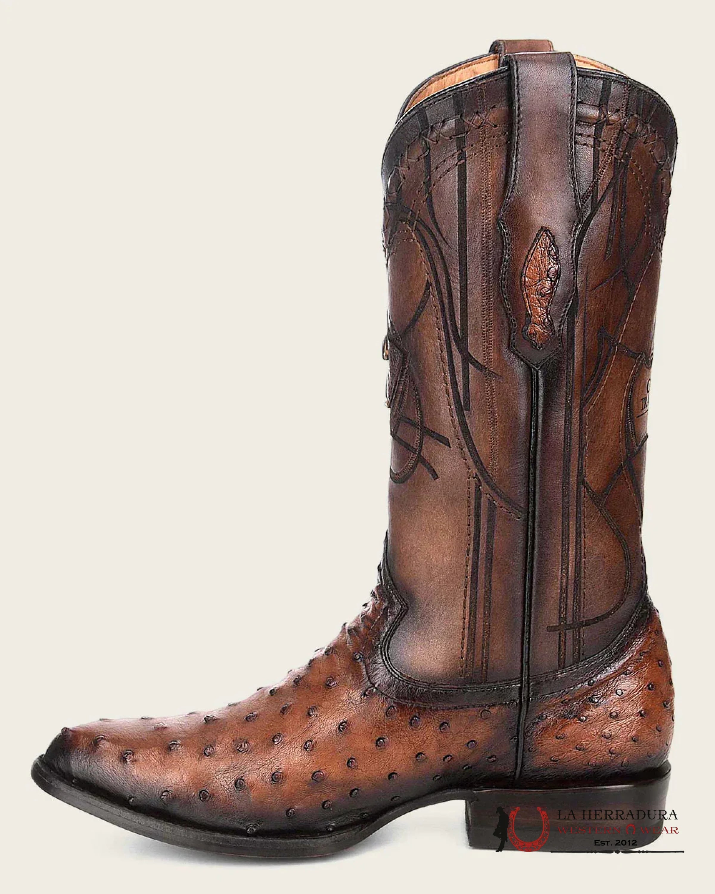 CUADRA BOOTS OSTRICH FLAME CAFE LASER & WOVEN ROUND TOE BOTAS HOMBRES