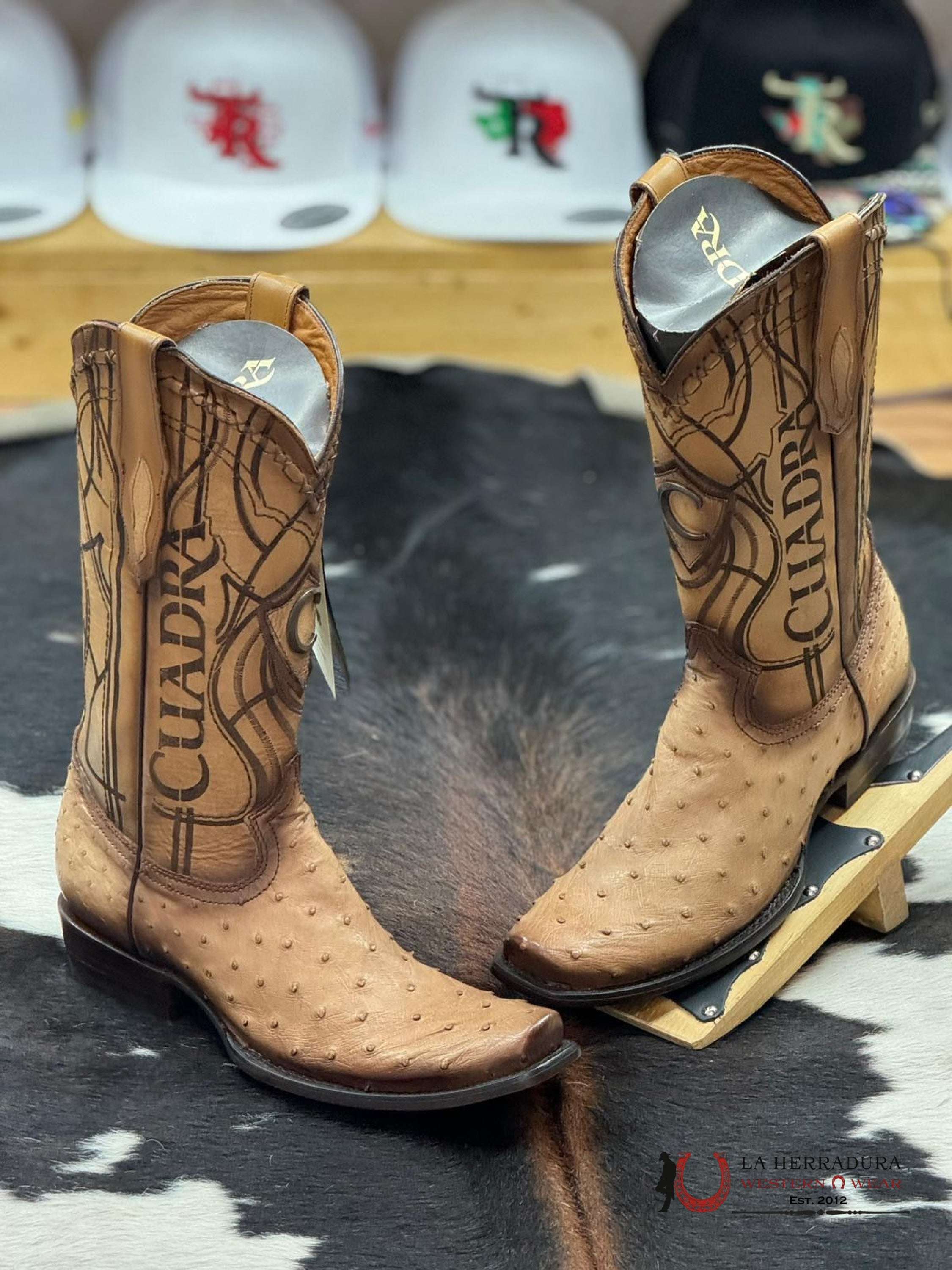 Cuadra Boots Ostrich Flame Orix Laser & Woven Narrow Square Toe Botas Hombres