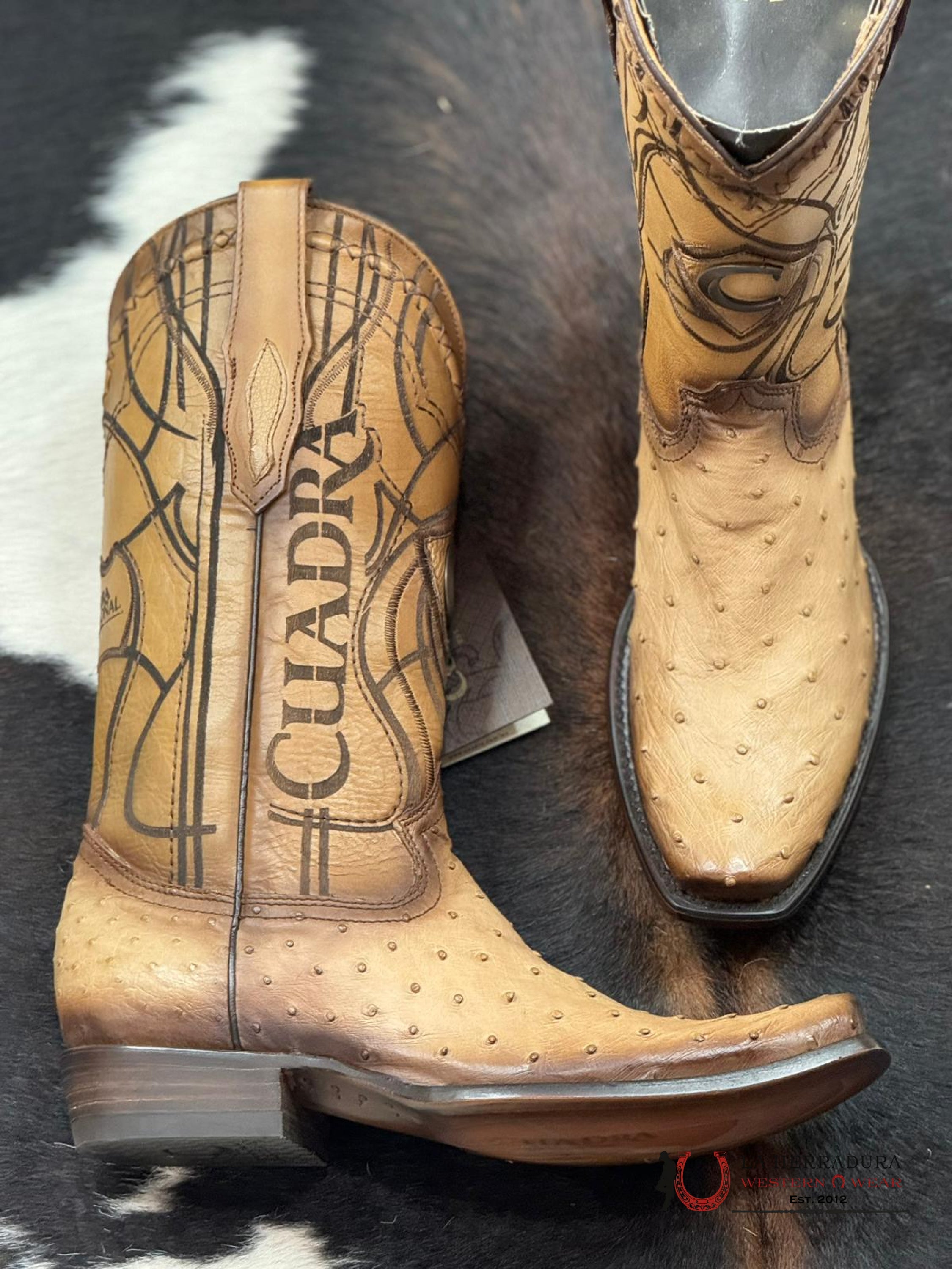 Cuadra Boots Ostrich Flame Orix Laser & Woven Narrow Square Toe Botas Hombres