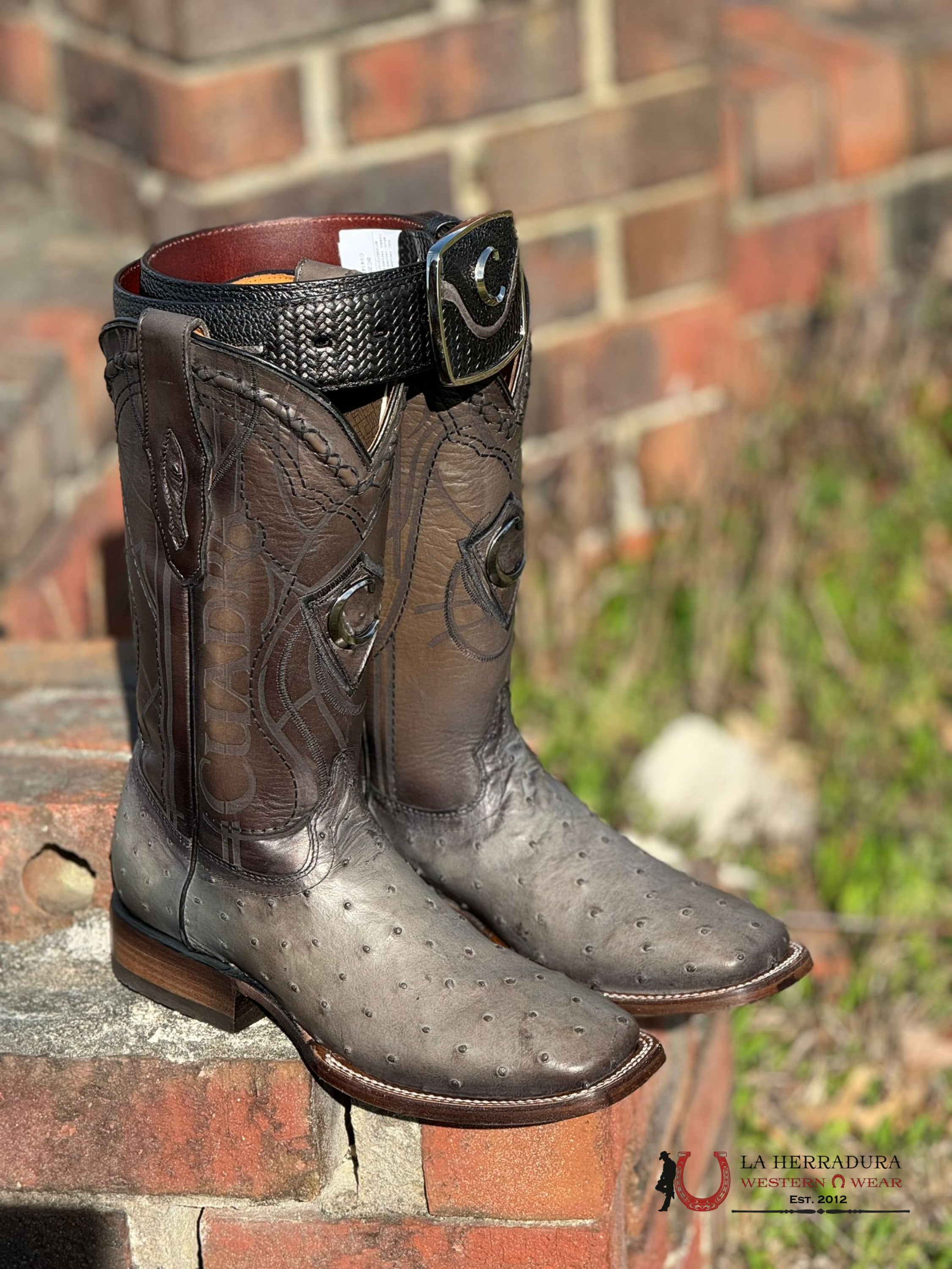 Cuadra Boots Ostrich Grey Laser & Embroidery Square Toe Botas Hombres