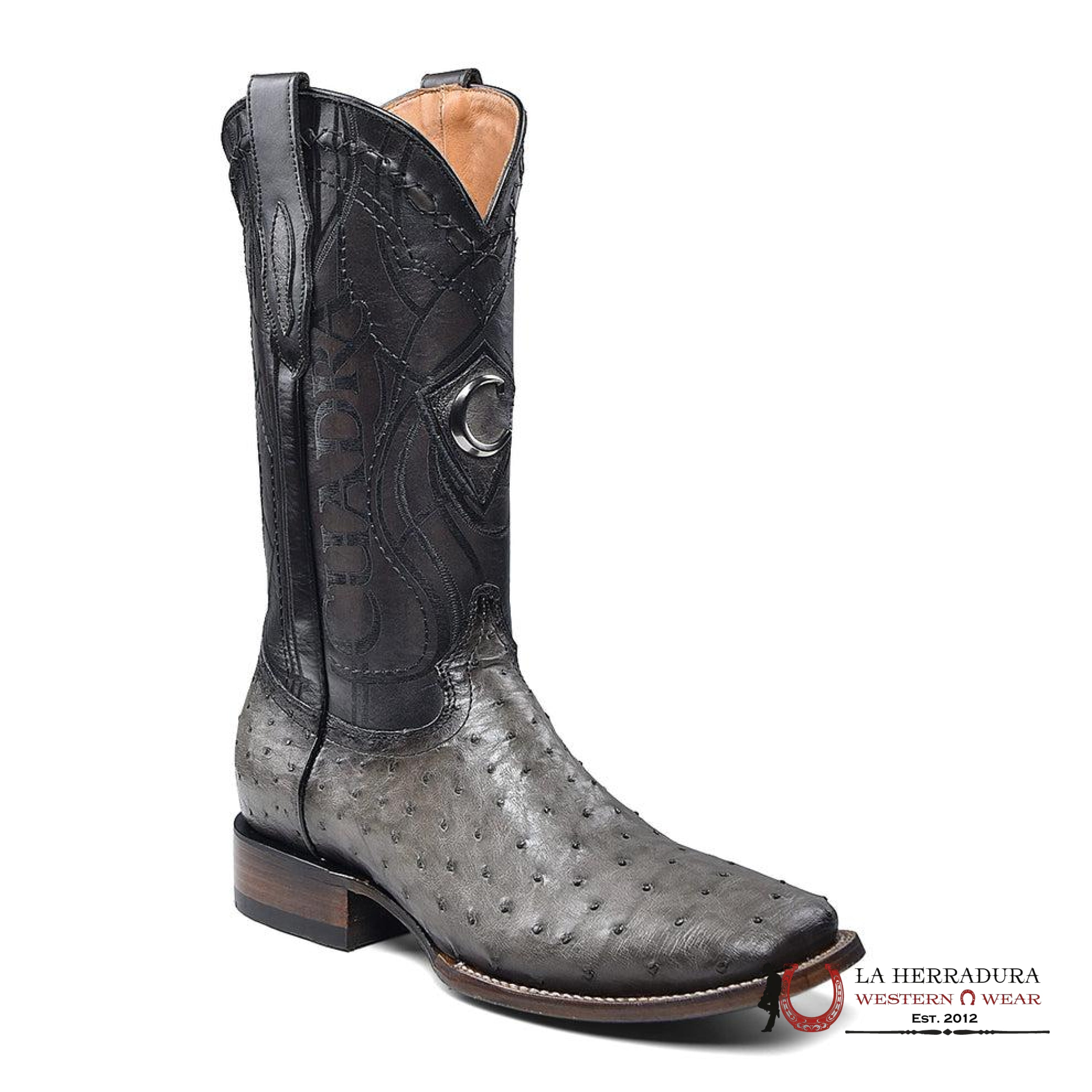 CUADRA BOOTS OSTRICH GREY LASER & EMBROIDERY SQUARE TOE CU806 BOTAS HOMBRES