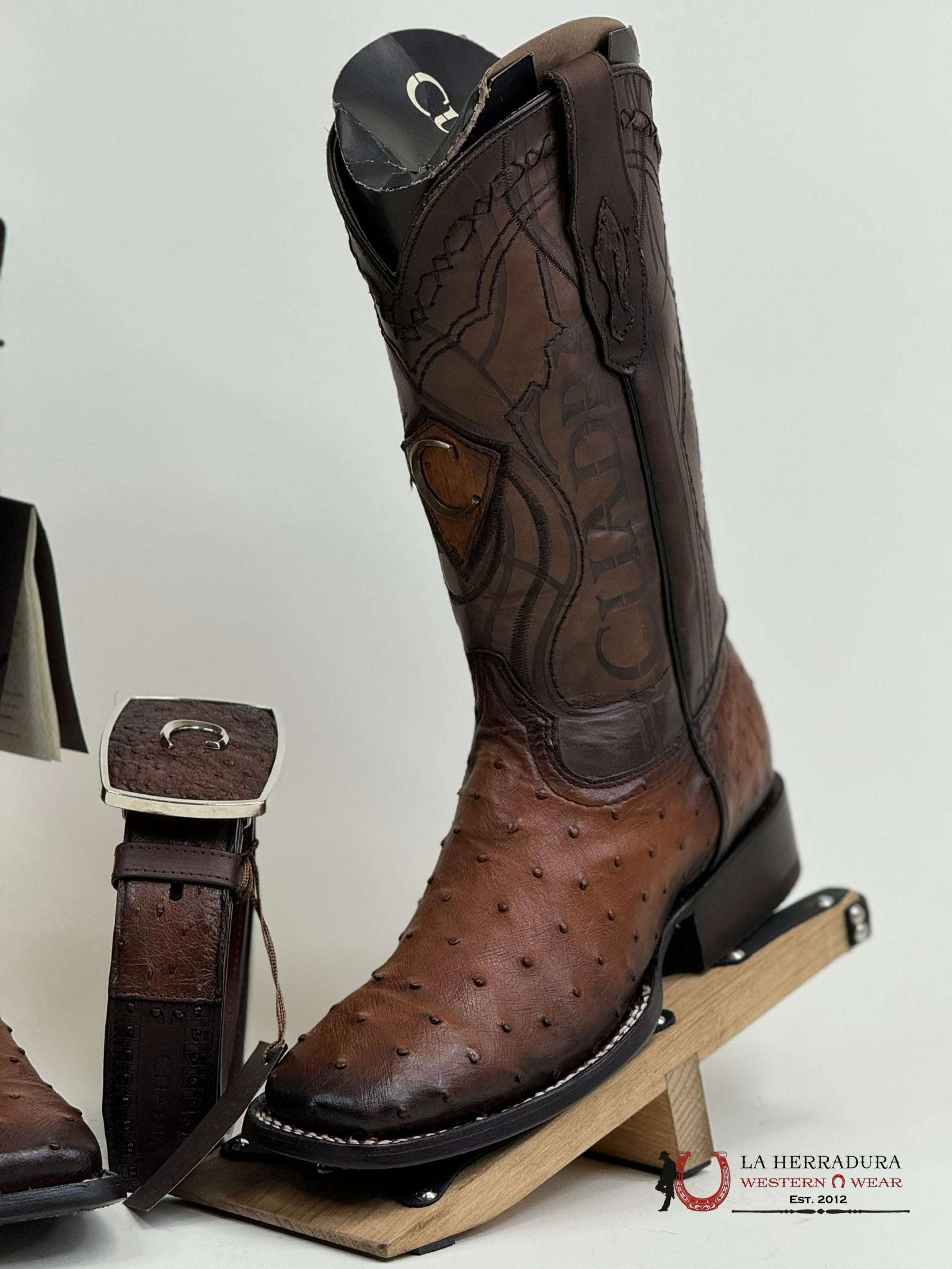 Cuadra Boots Ostrich Moroni Castaño Laser & Embroidery Square Toe
