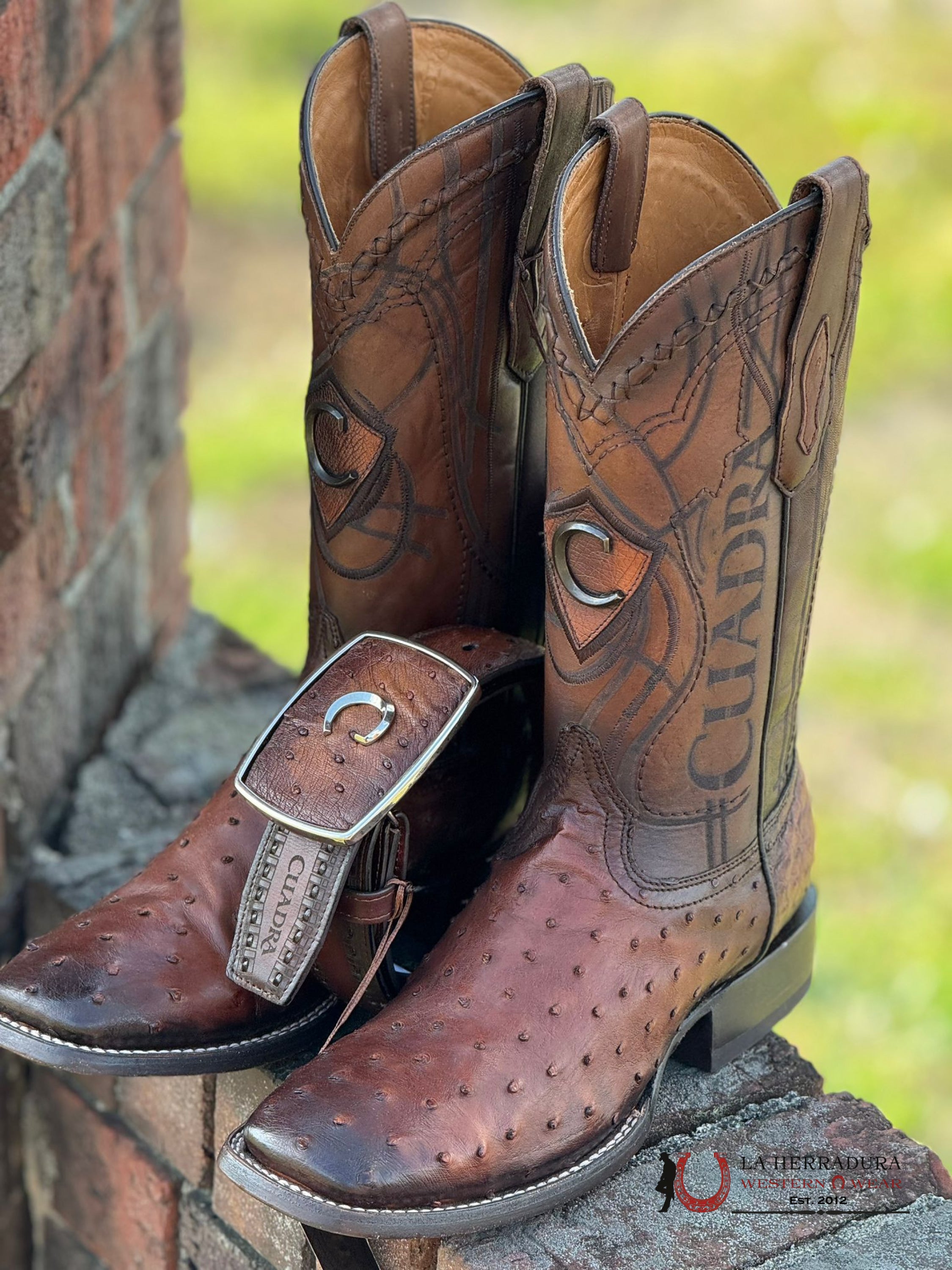Cuadra Boots Ostrich Moroni Castaño Laser & Embroidery Square Toe