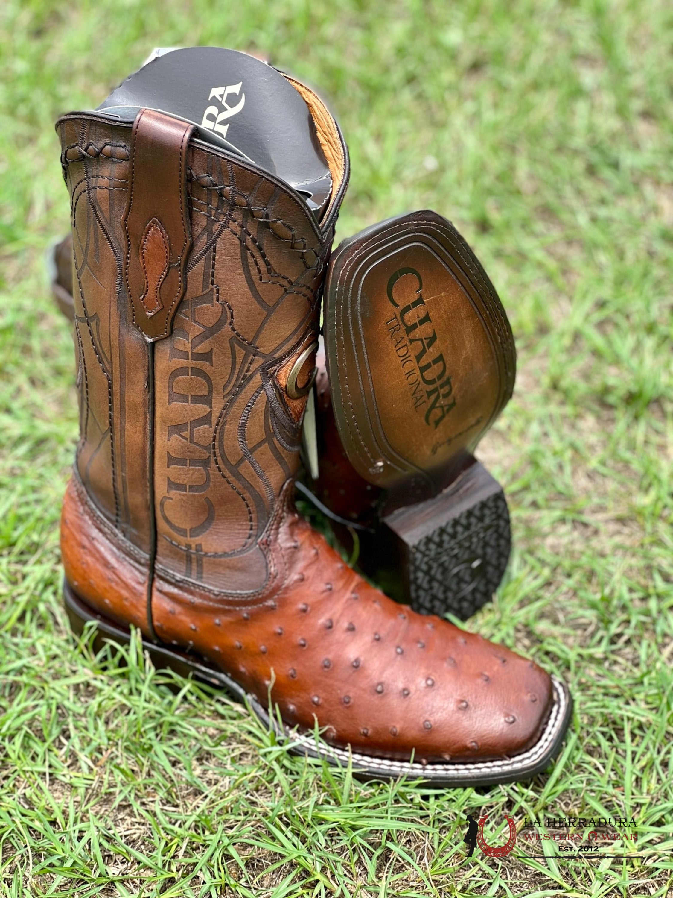 Cuadra Boots Ostrich Moroni Castaño Laser & Embroidery Square Toe