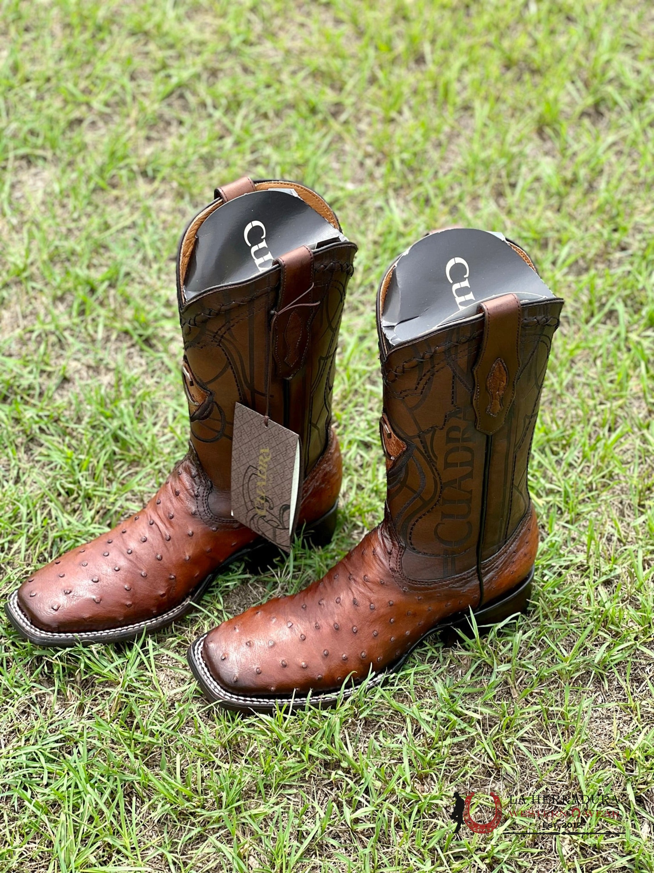 Cuadra Boots Ostrich Moroni Castaño Laser & Embroidery Square Toe