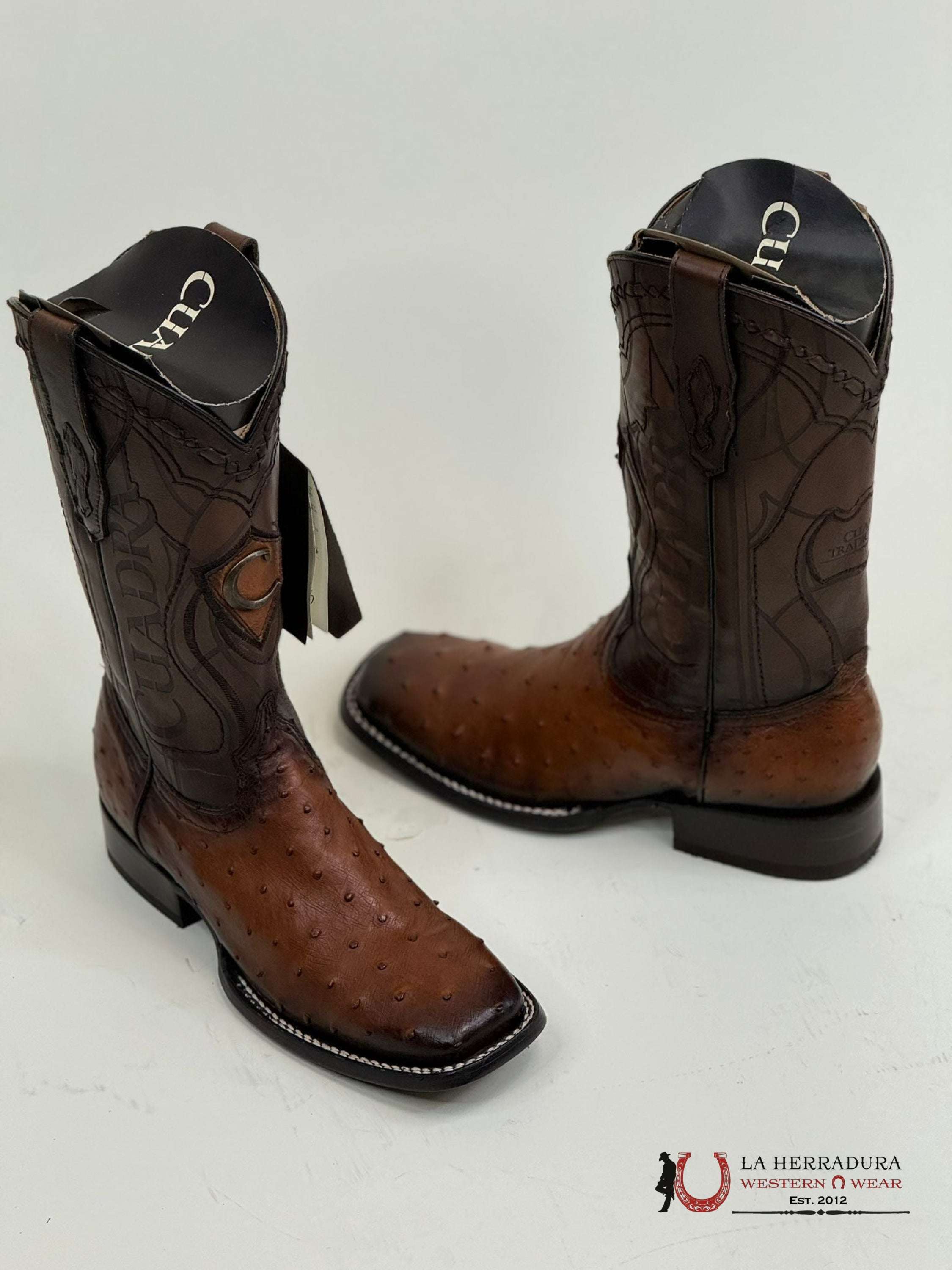 Cuadra Boots Ostrich Moroni Castaño Laser & Embroidery Square Toe