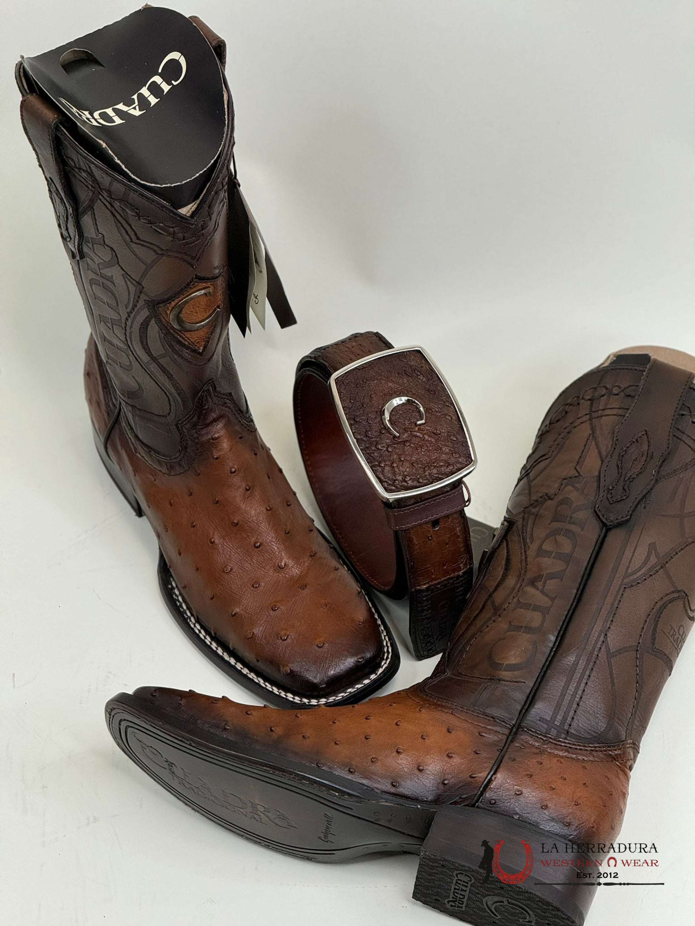 Cuadra Boots Ostrich Moroni Castaño Laser & Embroidery Square Toe