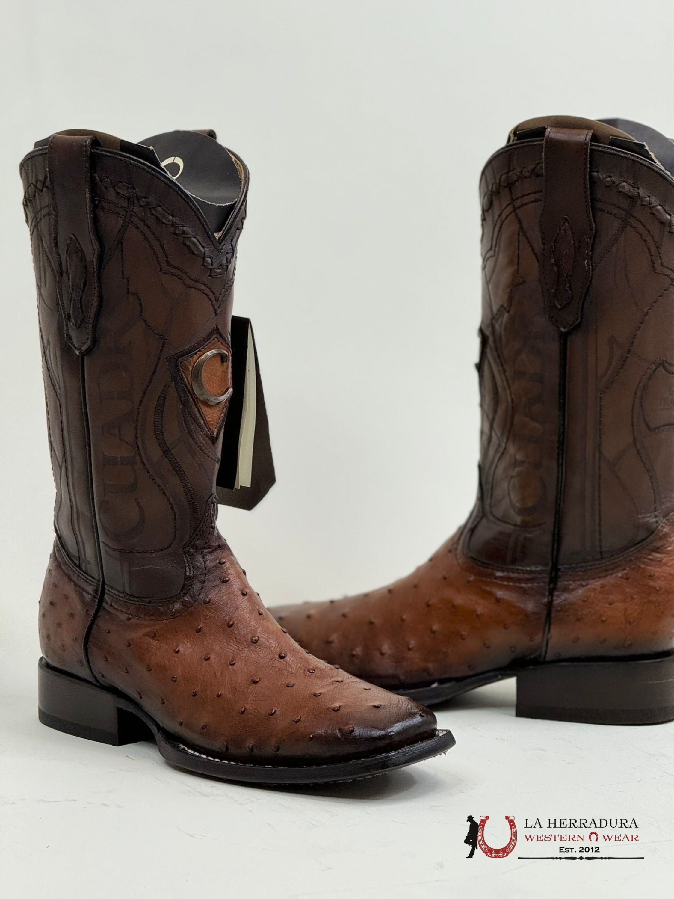 Cuadra Boots Ostrich Moroni Castaño Laser & Embroidery Square Toe
