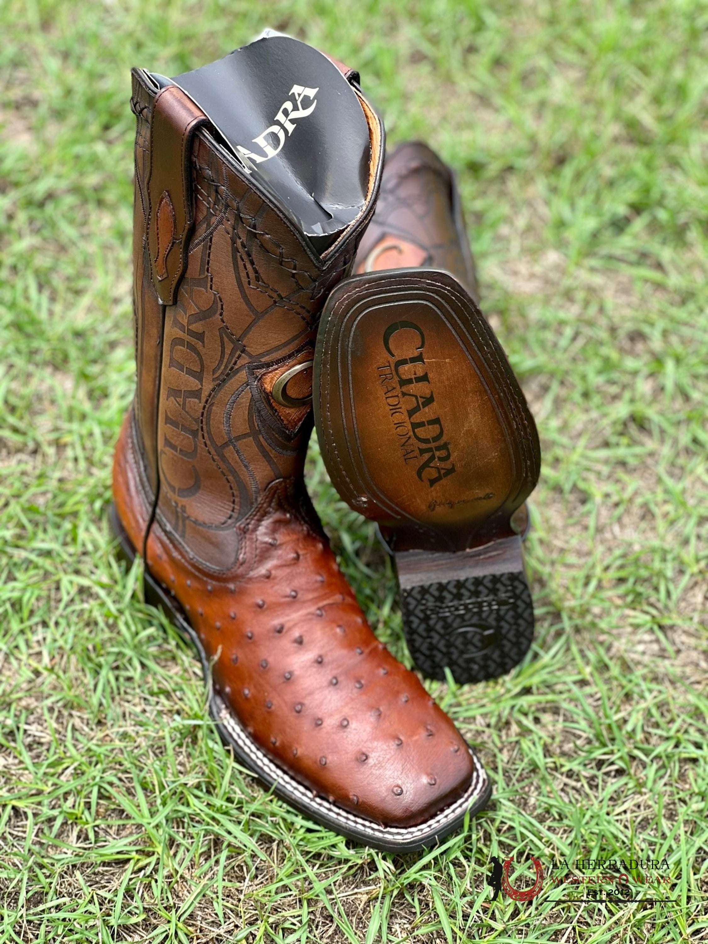 Cuadra Boots Ostrich Moroni Castaño Laser & Embroidery Square Toe