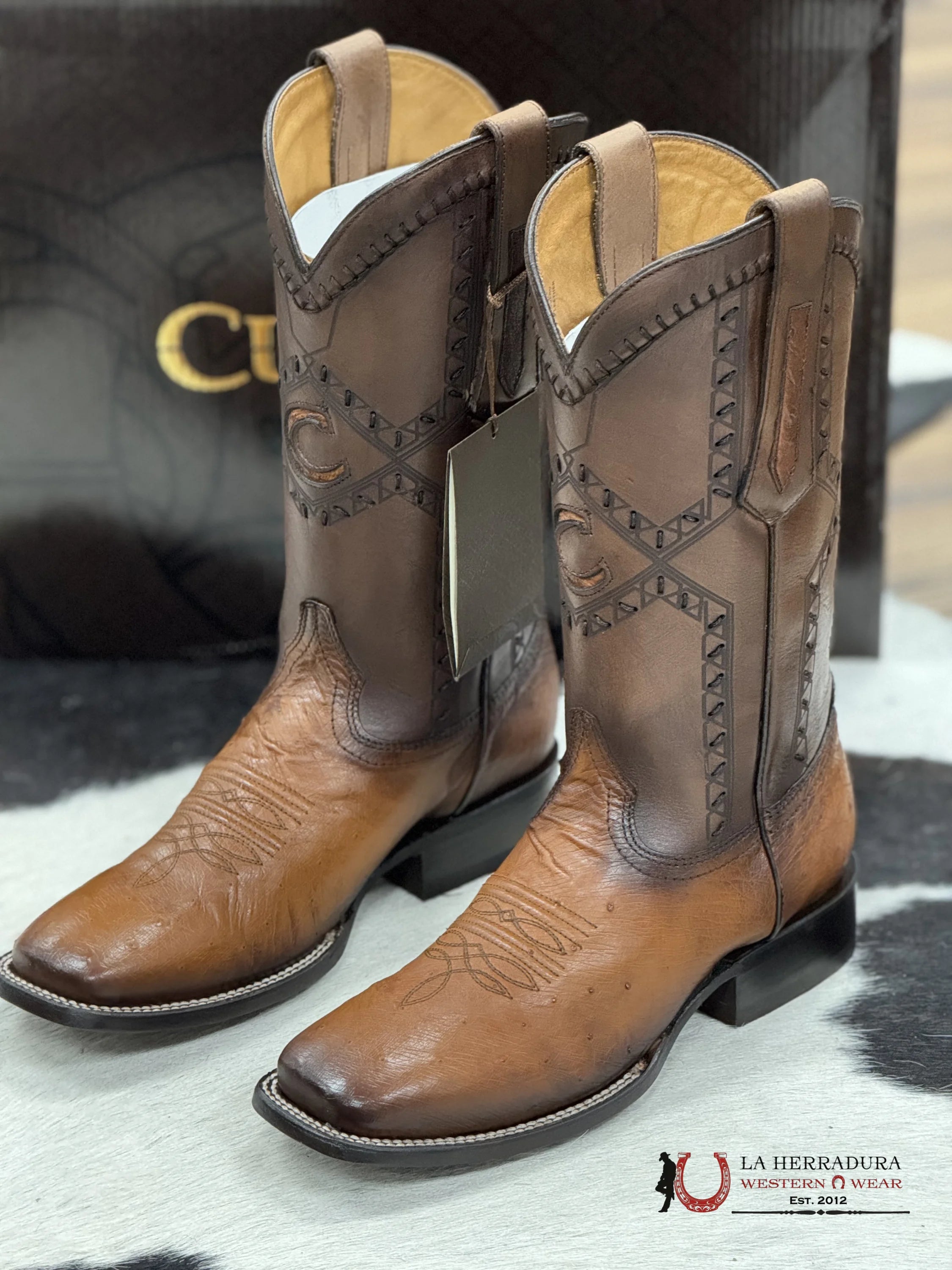 Cuadra Boots Panza De Avestruz Flame Honey Laser & Woven Square Toe Botas Hombres