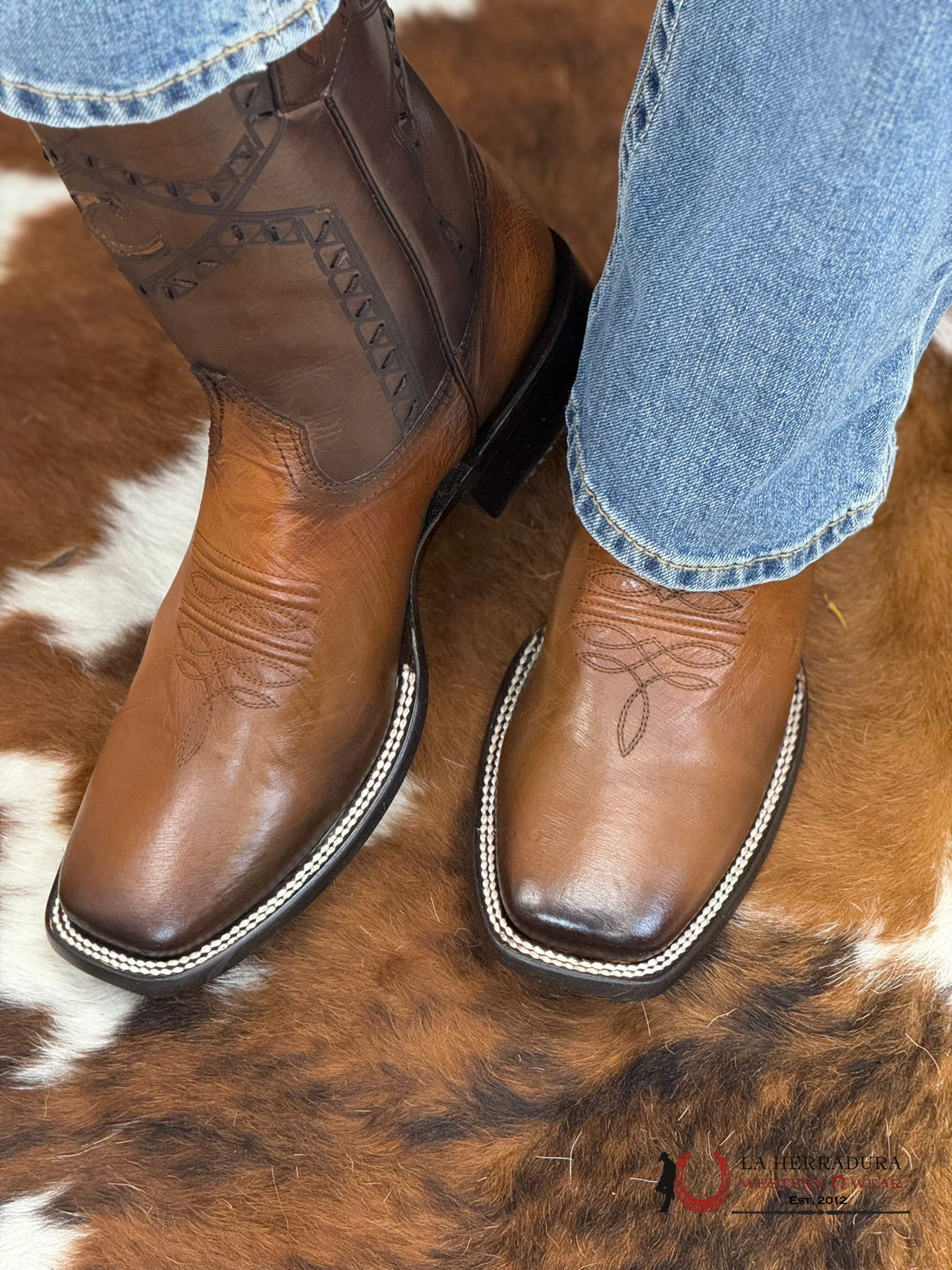 Cuadra Boots Panza De Avestruz Flame Honey Laser & Woven Square Toe Botas Hombres
