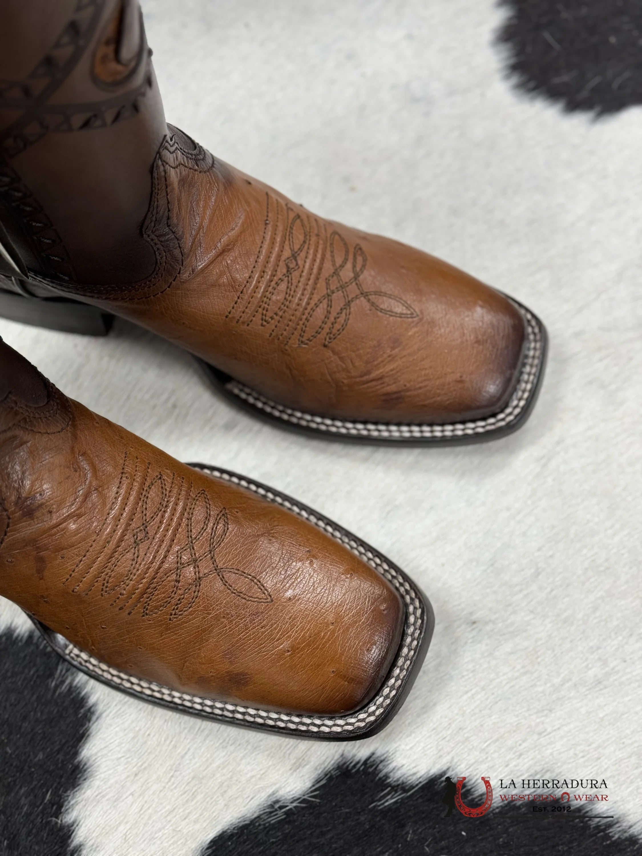 Cuadra Boots Panza De Avestruz Flame Honey Laser & Woven Square Toe Botas Hombres
