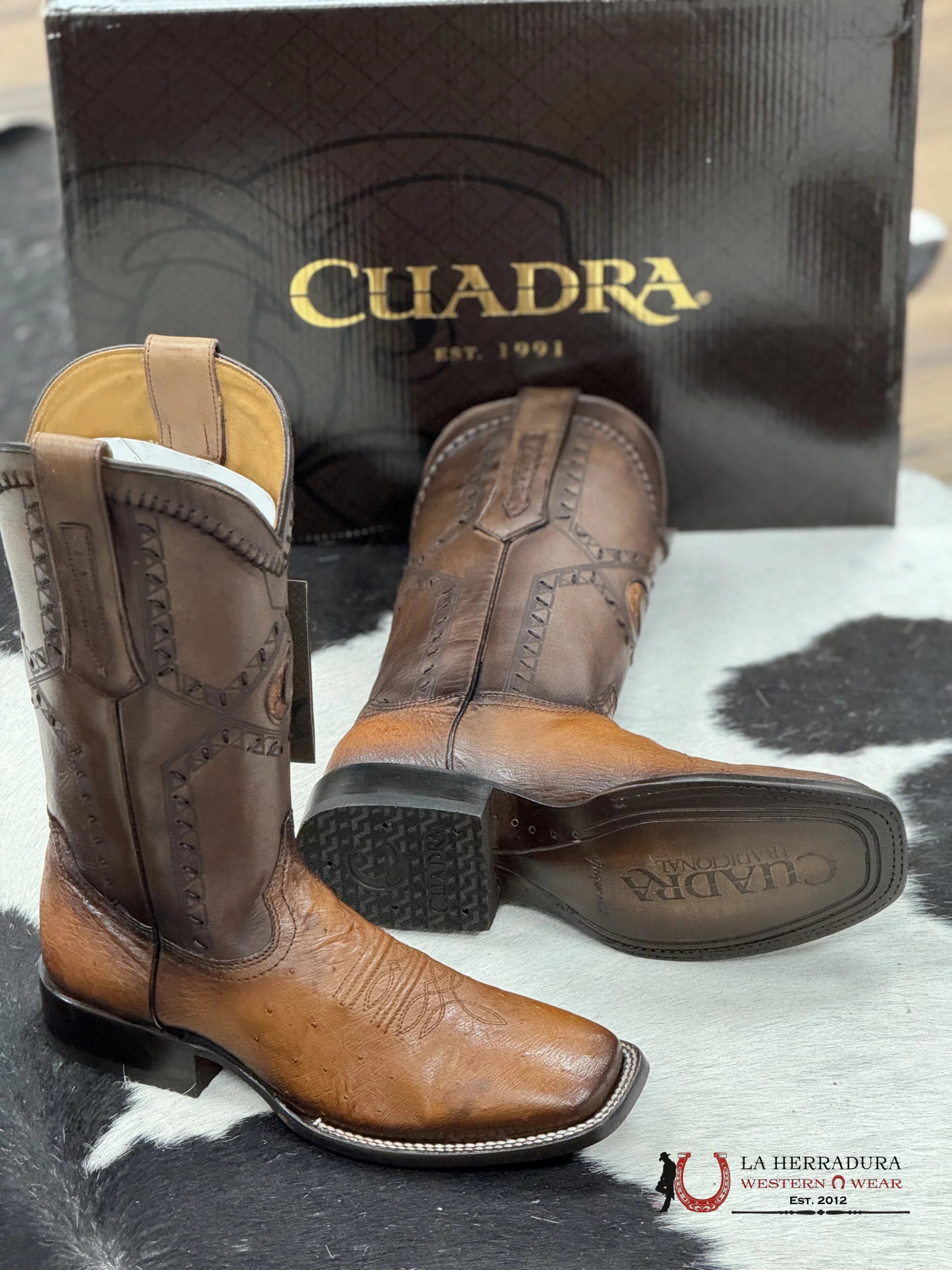 Cuadra Boots Panza De Avestruz Flame Honey Laser & Woven Square Toe Botas Hombres