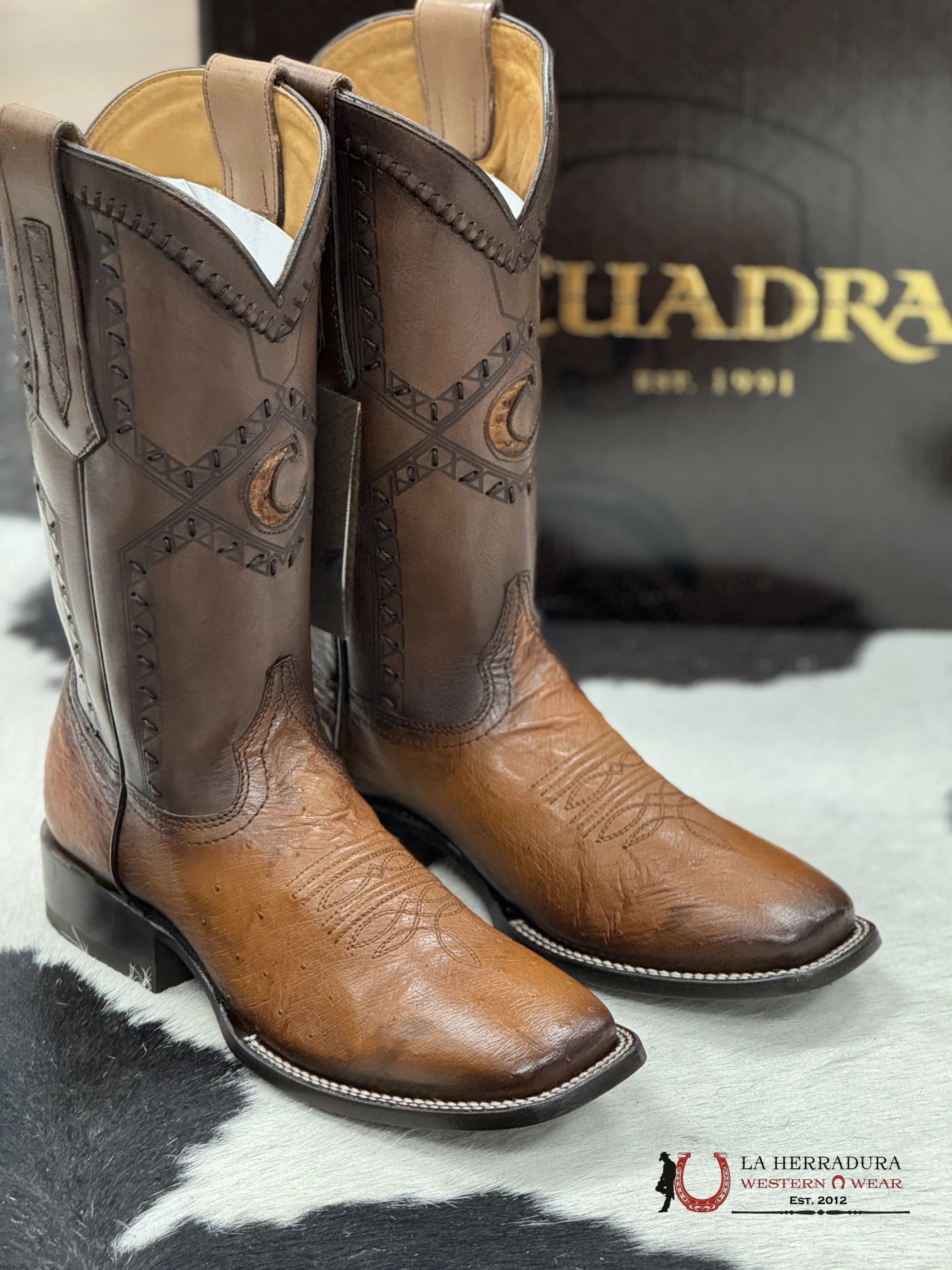 Cuadra Boots Panza De Avestruz Flame Honey Laser & Woven Square Toe Botas Hombres