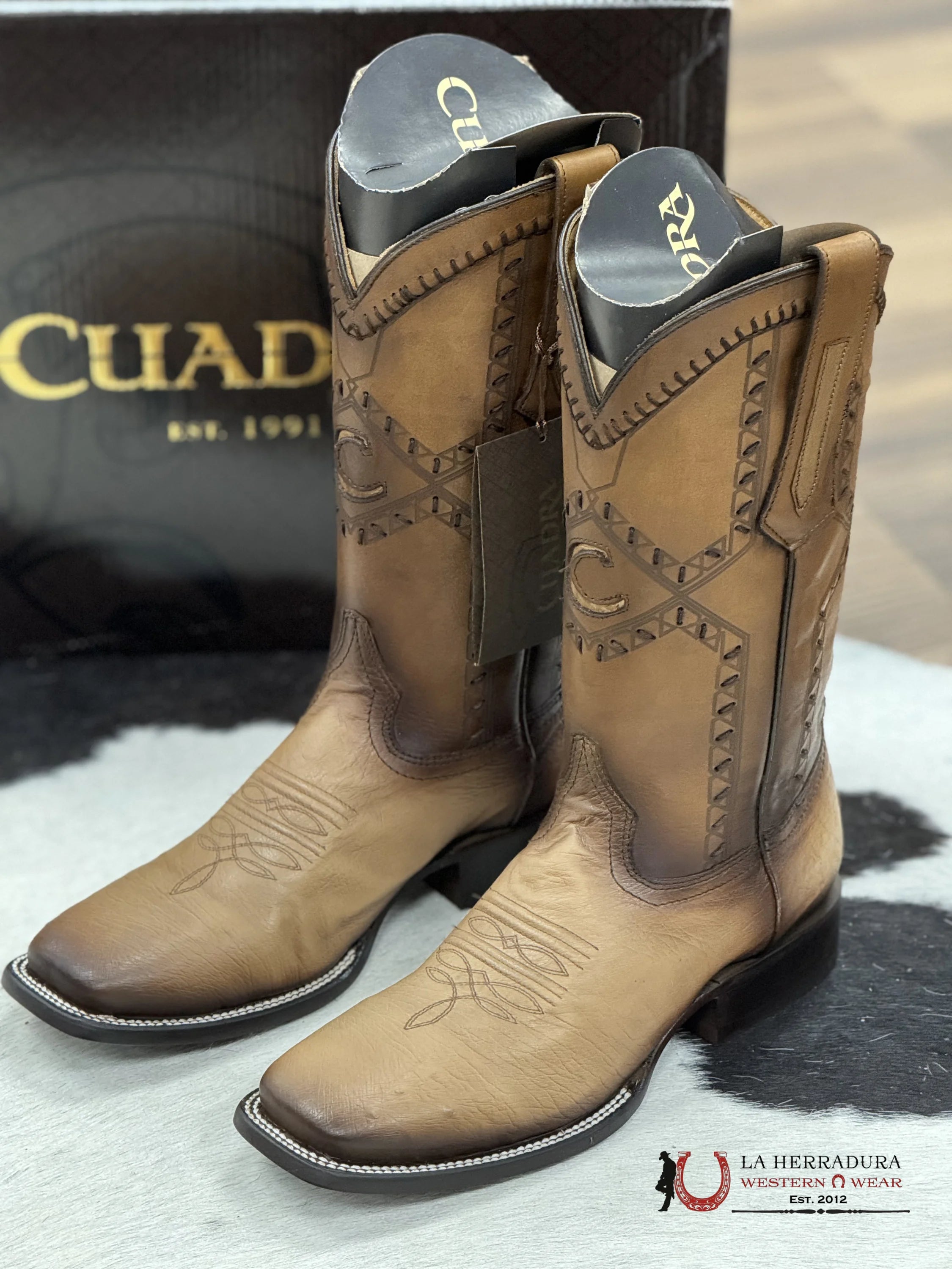 Cuadra Boots Panza De Avestruz Flame Orix Laser & Woven Square Toe Botas Hombres