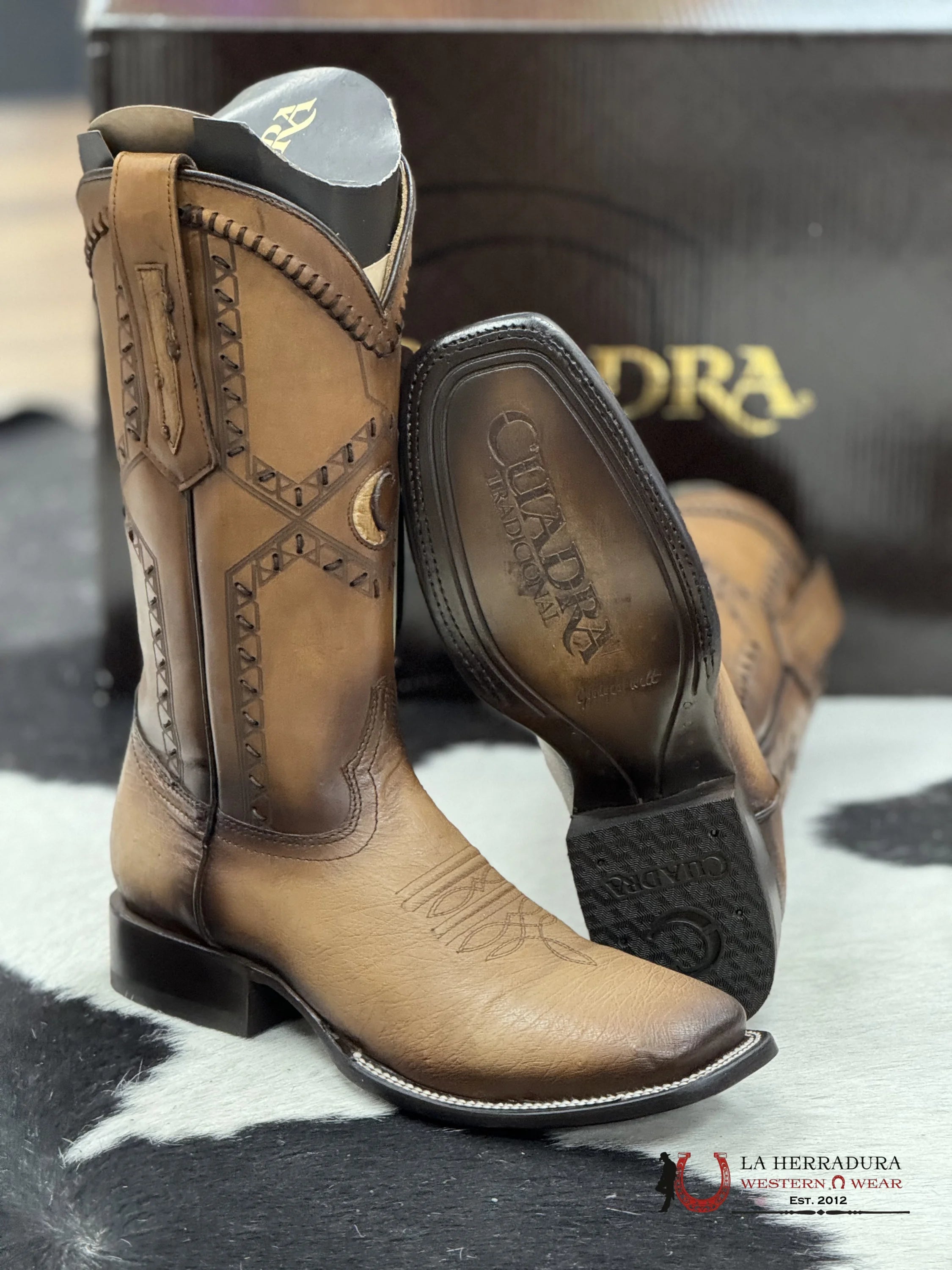 Cuadra Boots Panza De Avestruz Flame Orix Laser & Woven Square Toe Botas Hombres