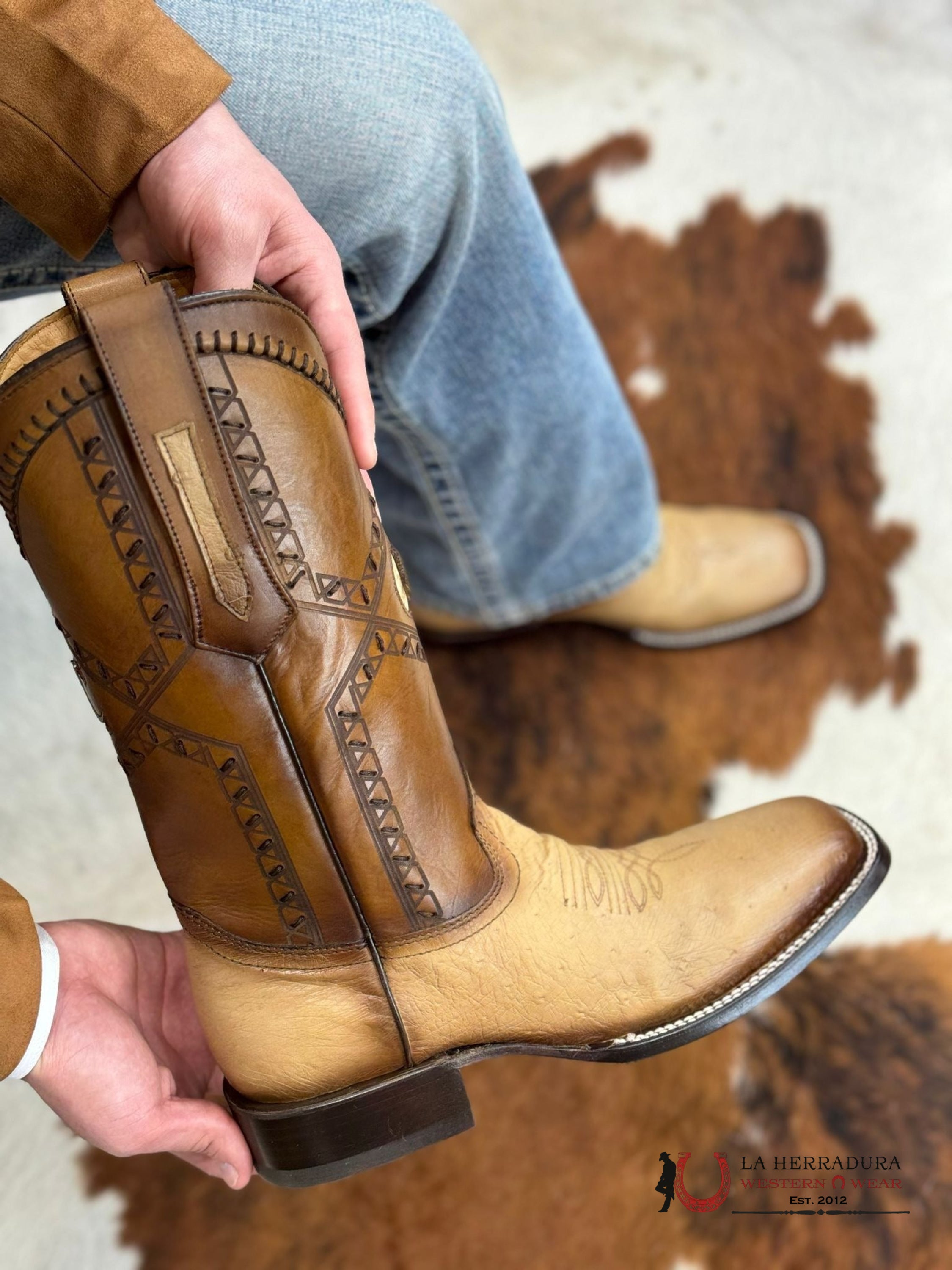 Cuadra Boots Panza De Avestruz Flame Orix Laser & Woven Square Toe Botas Hombres