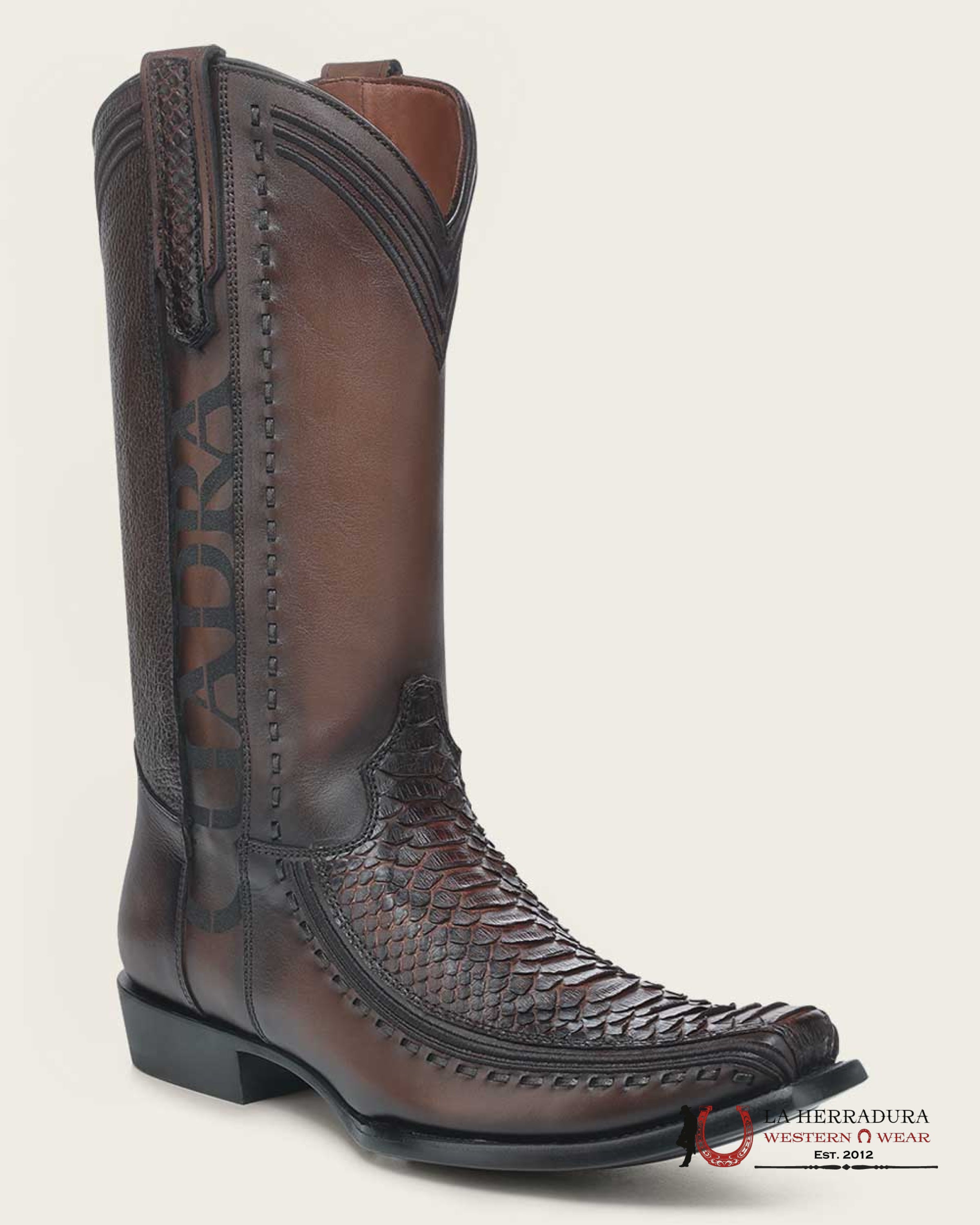 CUADRA BOOTS PYTHON PLUNGE BACK COPPER LASER & EMBROIDERED NARROW SQUARE TOE-1J3GPH BOTAS HOMBRES
