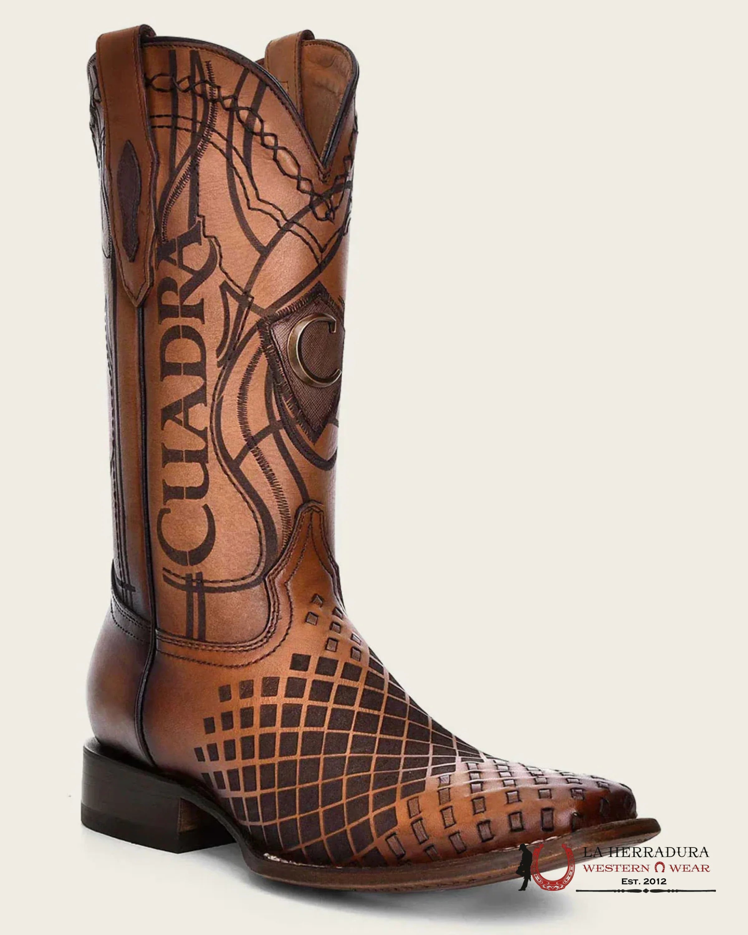 CUADRA BOOTS SILLERO OVER HONEY LASER & EMBROIDERY & WOVEN SQUARE TOE BOTAS HOMBRES