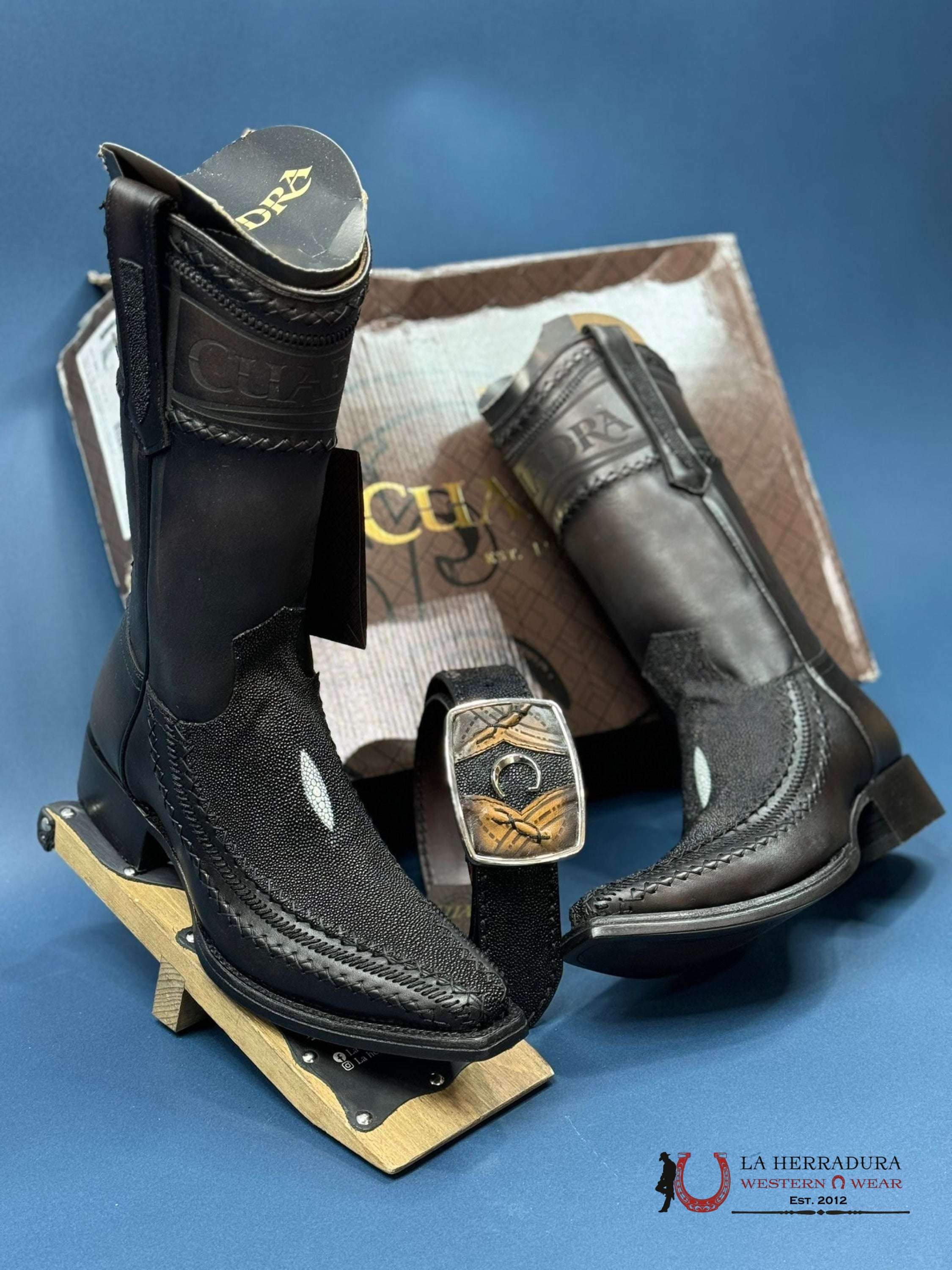 Cuadra Boots Stingray Mantarraya Black Laser & Woven Narrow Square Toe Botas Hombres