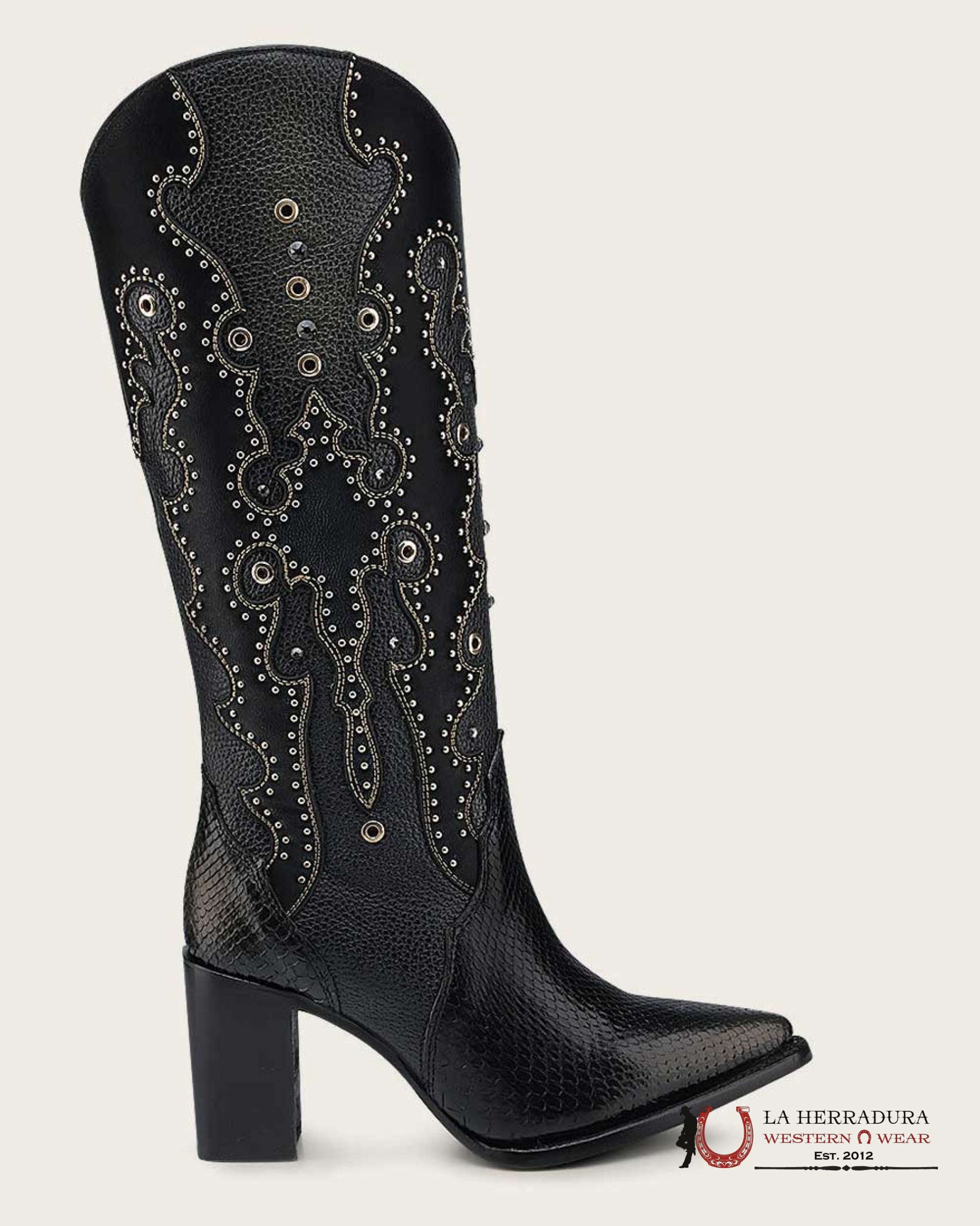 CUADRA BOTA DE PITÓN BELLY PLUNGE NEGRO EMB. & STUDS POINTED TOE BOTAS MUJERES