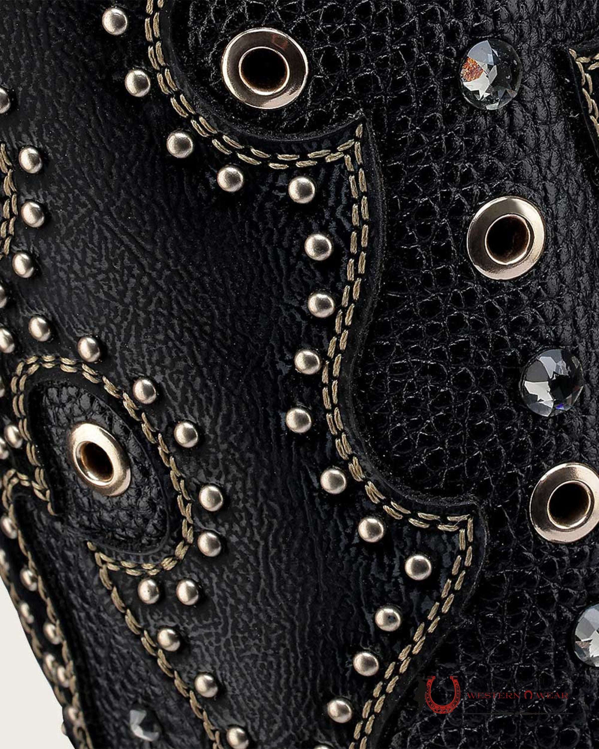 CUADRA BOTA DE PITÓN BELLY PLUNGE NEGRO EMB. & STUDS POINTED TOE BOTAS MUJERES