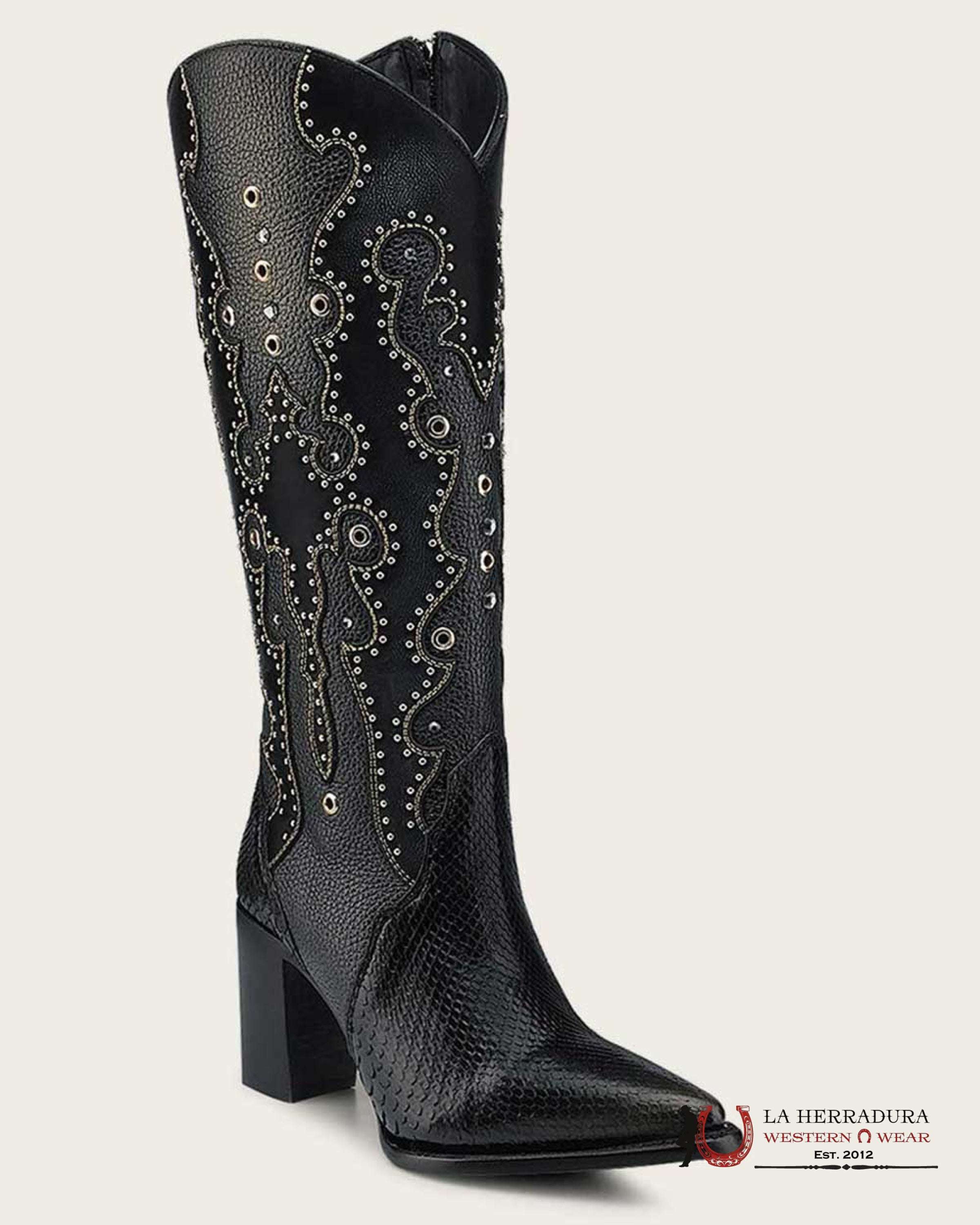 CUADRA BOTA DE PITÓN BELLY PLUNGE NEGRO EMB. & STUDS POINTED TOE BOTAS MUJERES