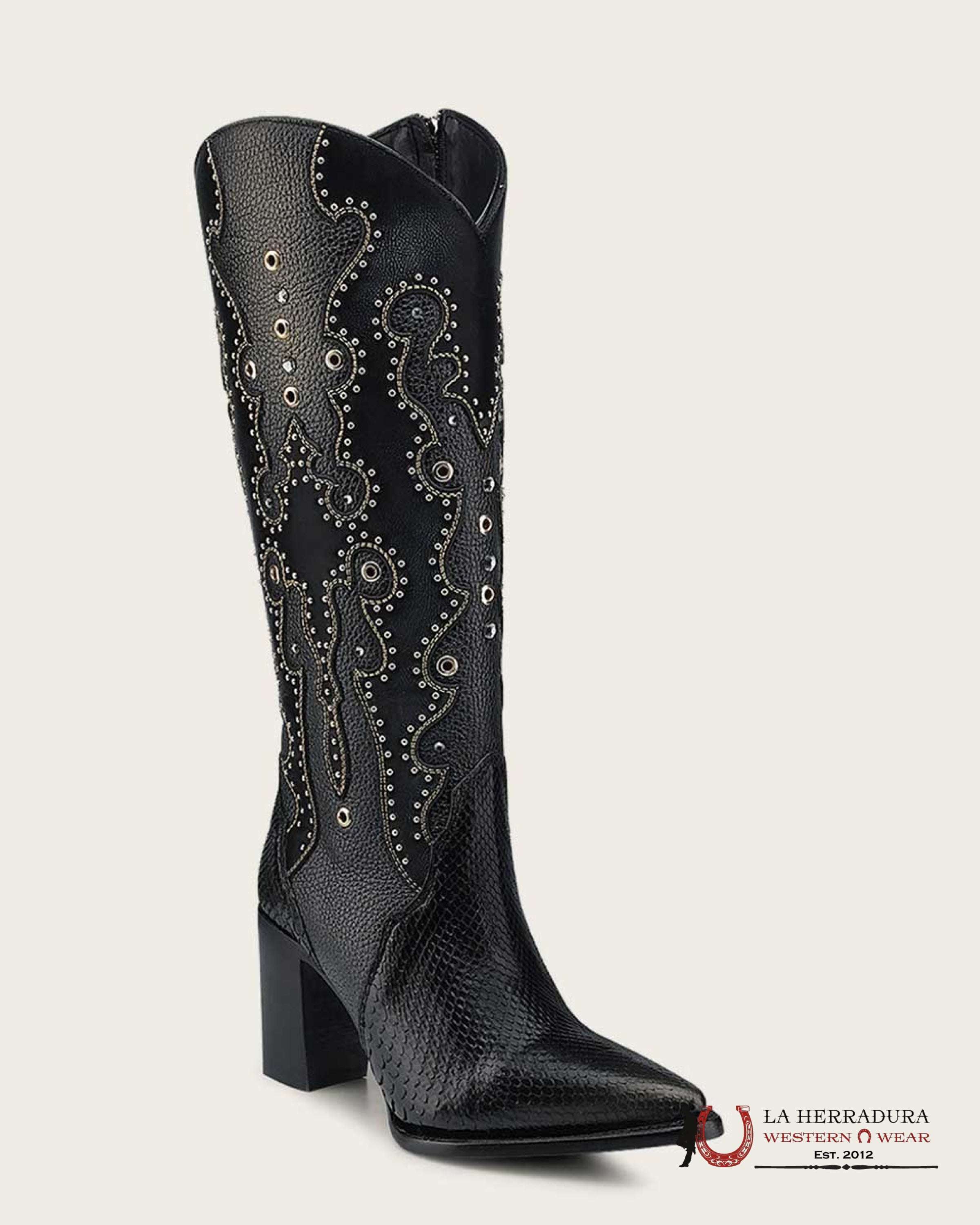 CUADRA BOTA DE PITÓN BELLY PLUNGE NEGRO EMB. & STUDS POINTED TOE BOTAS MUJERES