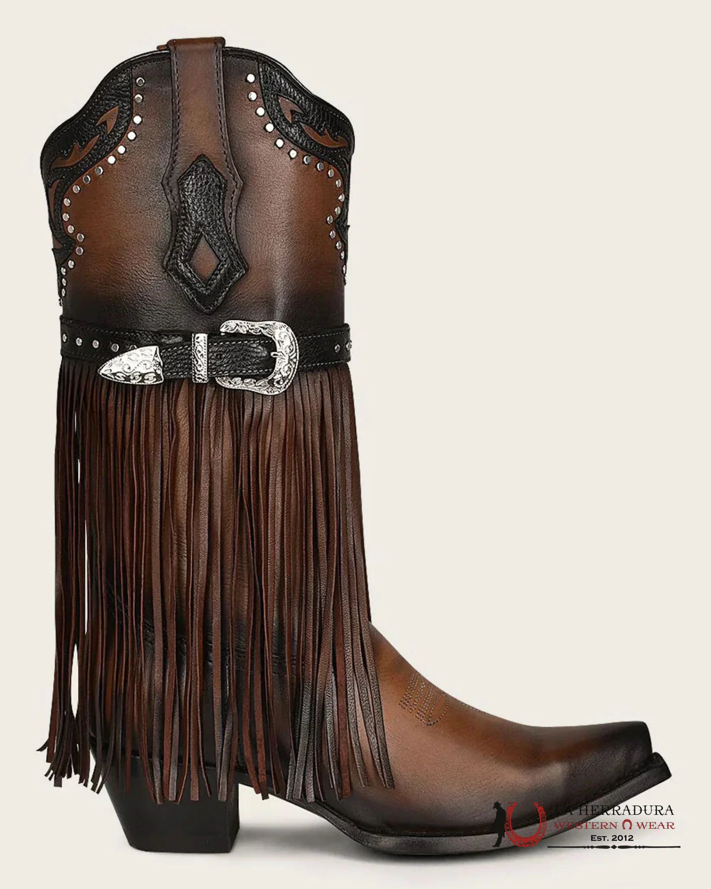 CUADRA BOTA DE RES MORAINE CAFE BROWN HARNESS & STUDS SNIP TOE BOTAS MUJERES