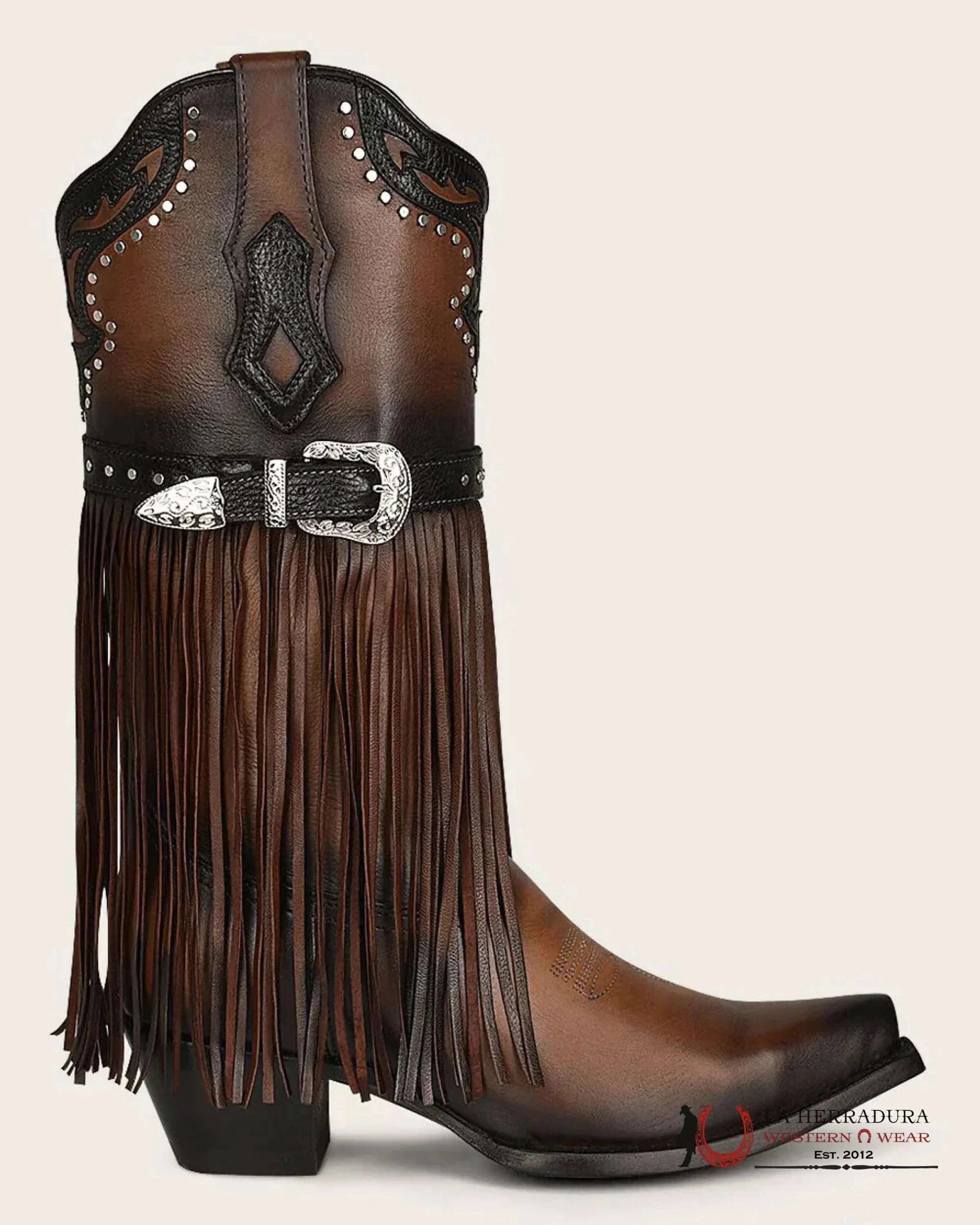 CUADRA BOTA DE RES MORAINE CAFE BROWN HARNESS & STUDS SNIP TOE BOTAS MUJERES