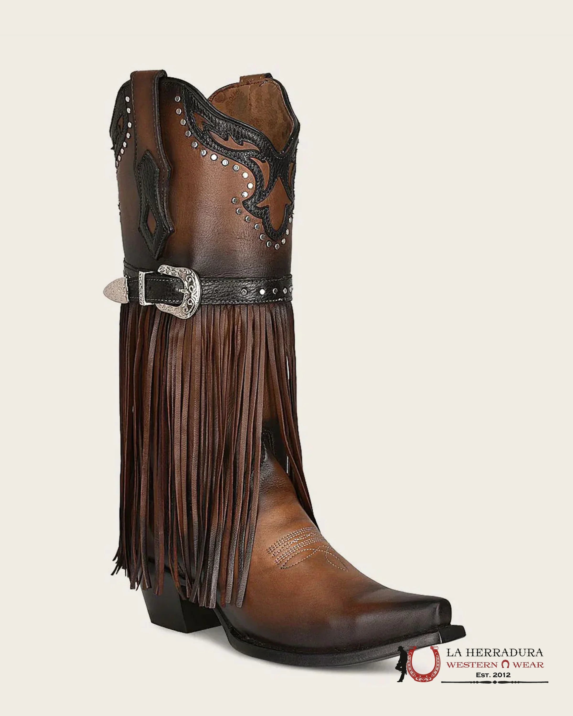 CUADRA BOTA DE RES MORAINE CAFE BROWN HARNESS & STUDS SNIP TOE BOTAS MUJERES