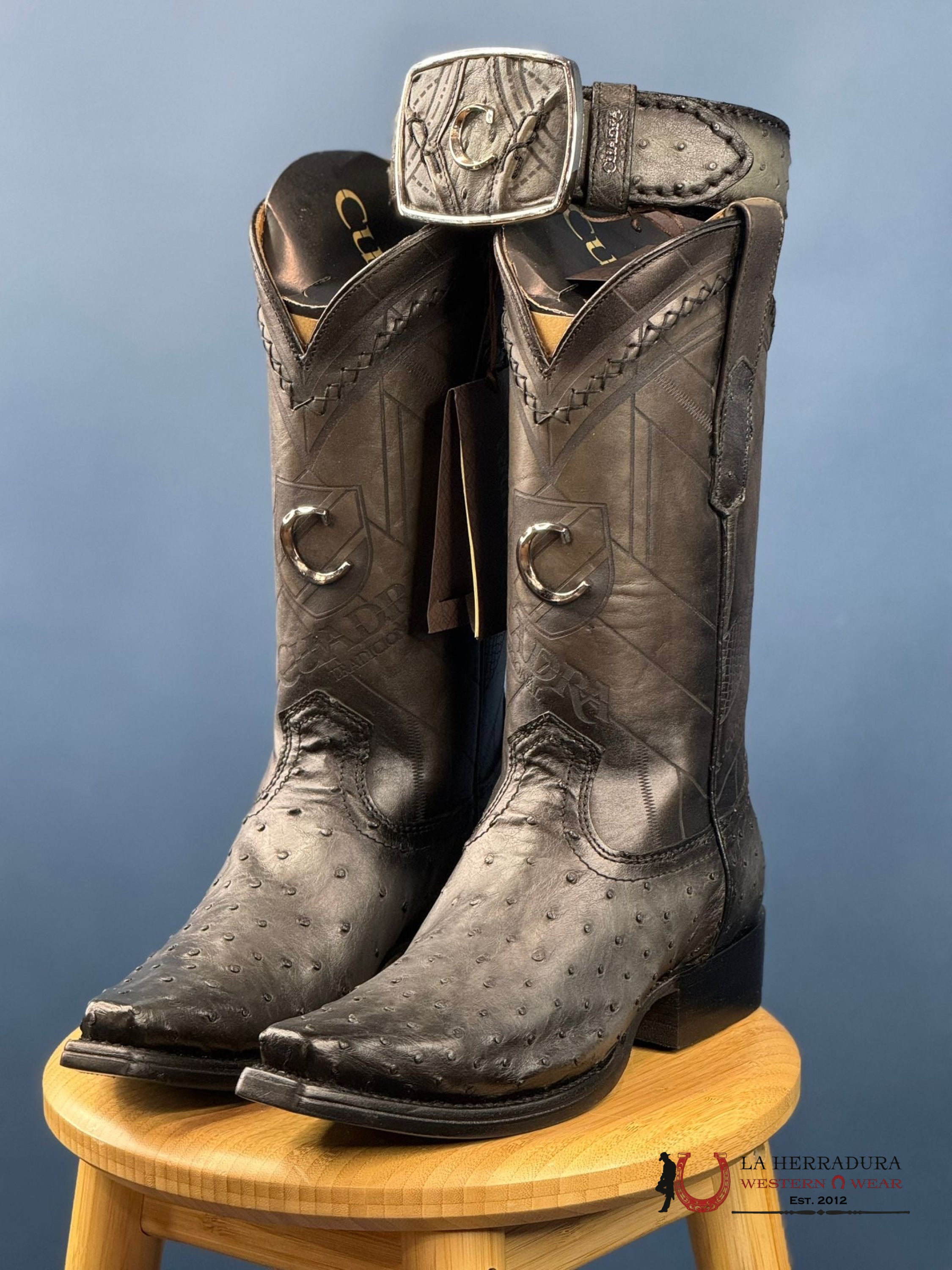 Cuadra Boots Ostrich Everest Grey Laser & Woven Narrow Square Toe Botas Hombres