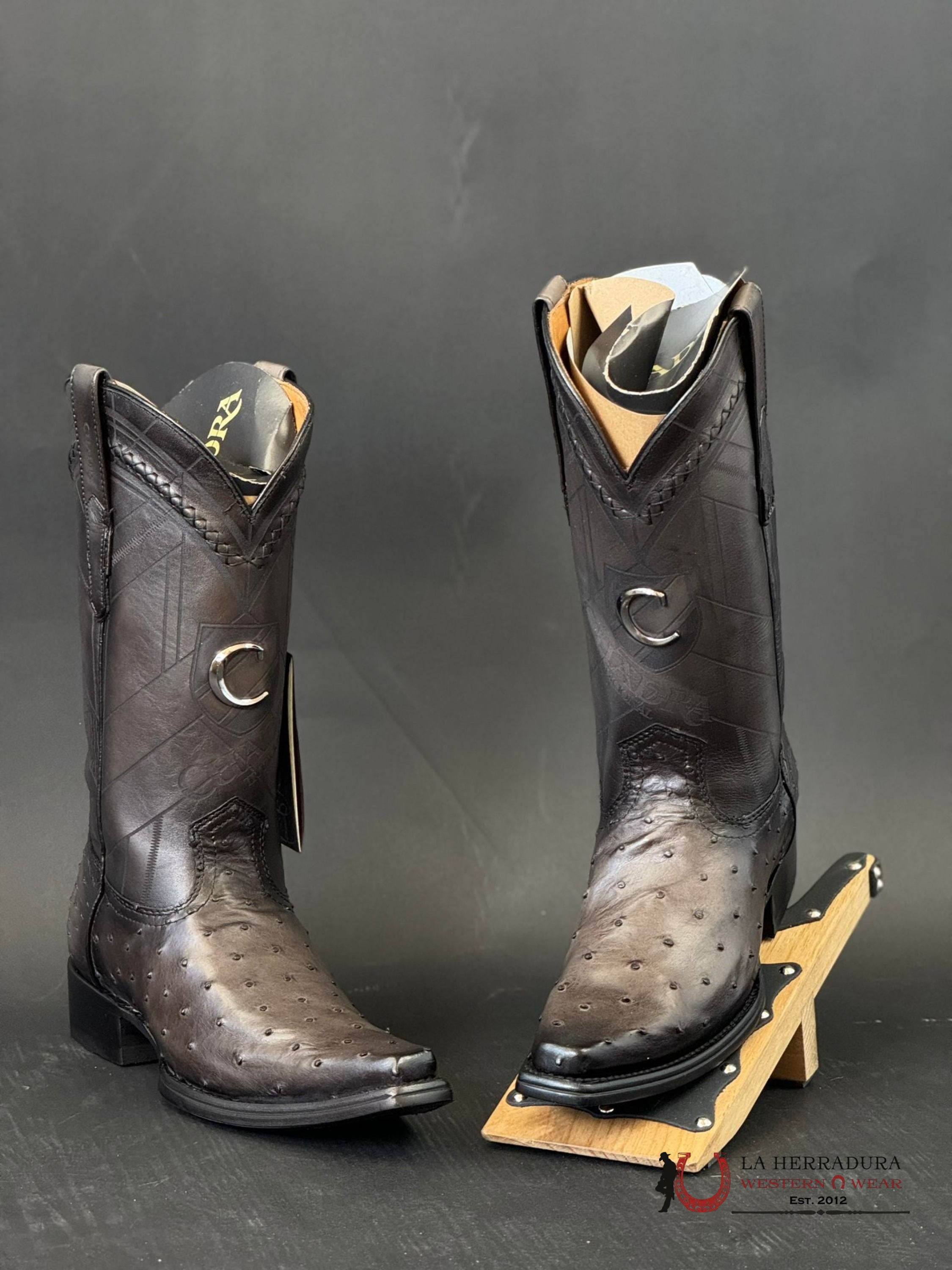 Cuadra Boots Ostrich Everest Grey Laser & Woven Narrow Square Toe Botas Hombres