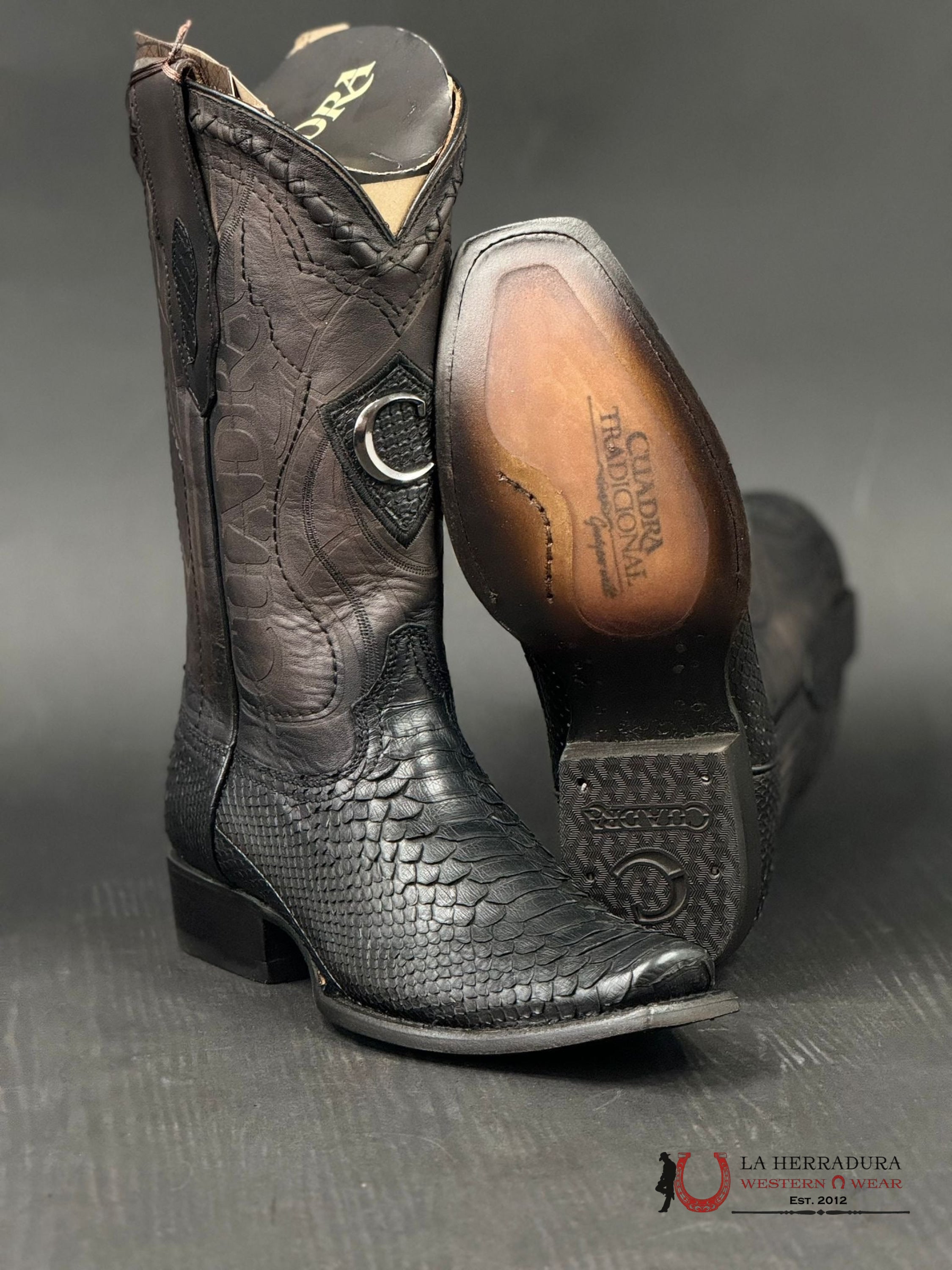 Cuadra Boots Python Plunge Black Laser & Embroidered Narrow Square Toe Botas Hombres