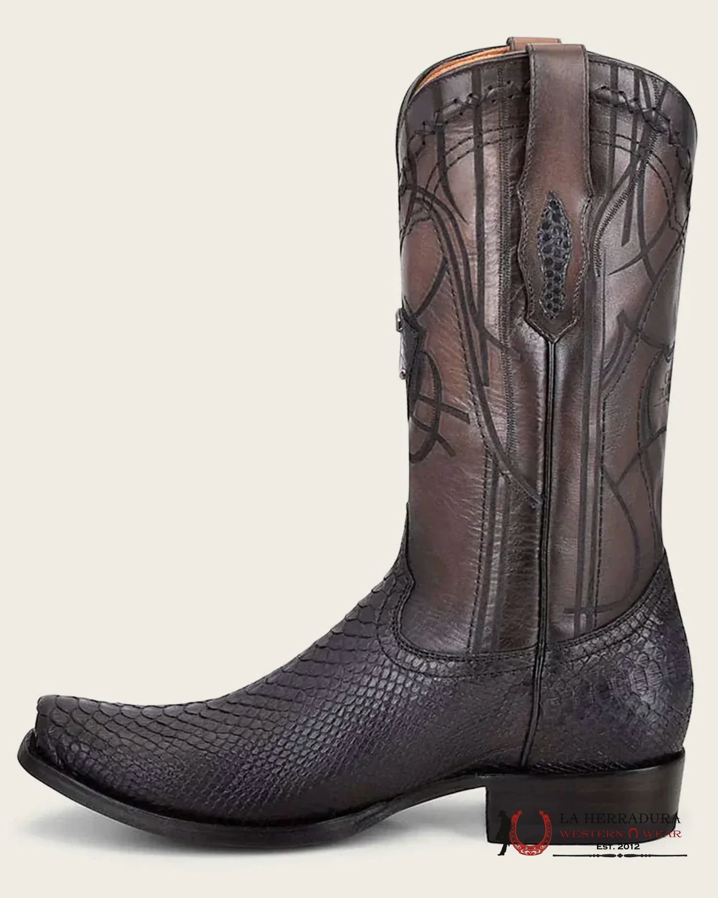 CUADRA BOOTS PYTHON PLUNGE BLACK LASER & EMBROIDERED NARROW SQUARE TOE BOTAS HOMBRES