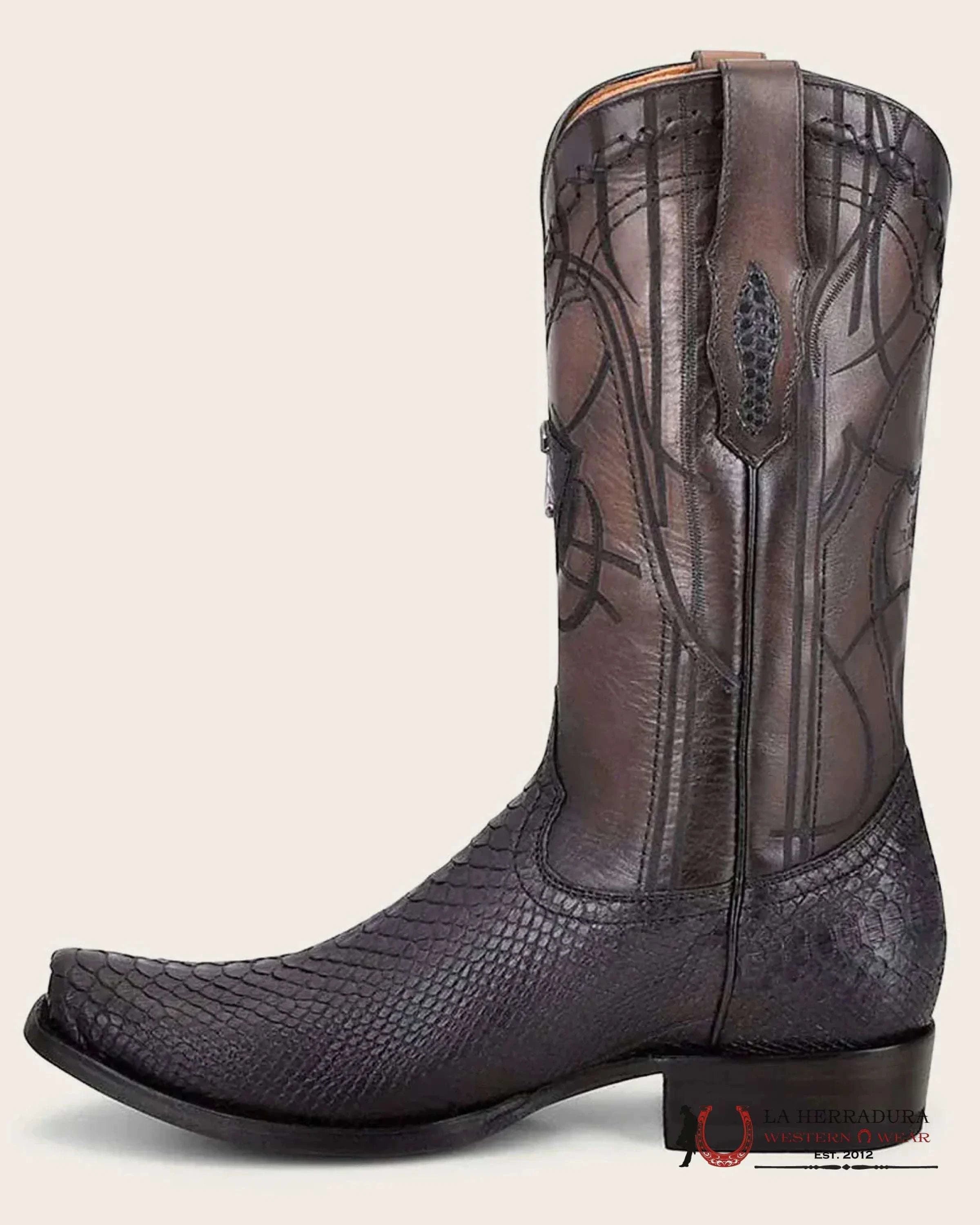 CUADRA BOOTS PYTHON PLUNGE BLACK LASER & EMBROIDERED NARROW SQUARE TOE BOTAS HOMBRES
