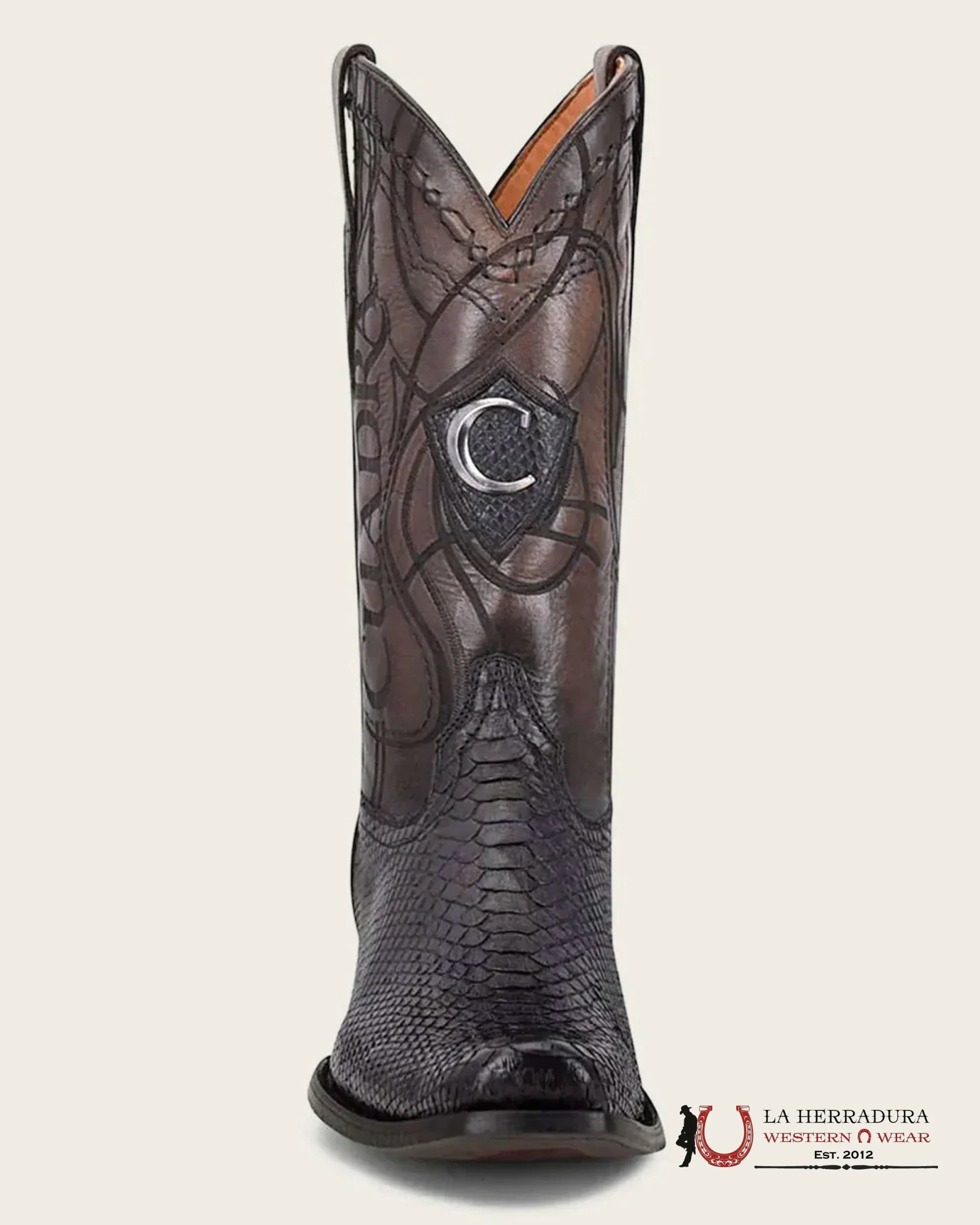 CUADRA BOOTS PYTHON PLUNGE BLACK LASER & EMBROIDERED NARROW SQUARE TOE BOTAS HOMBRES