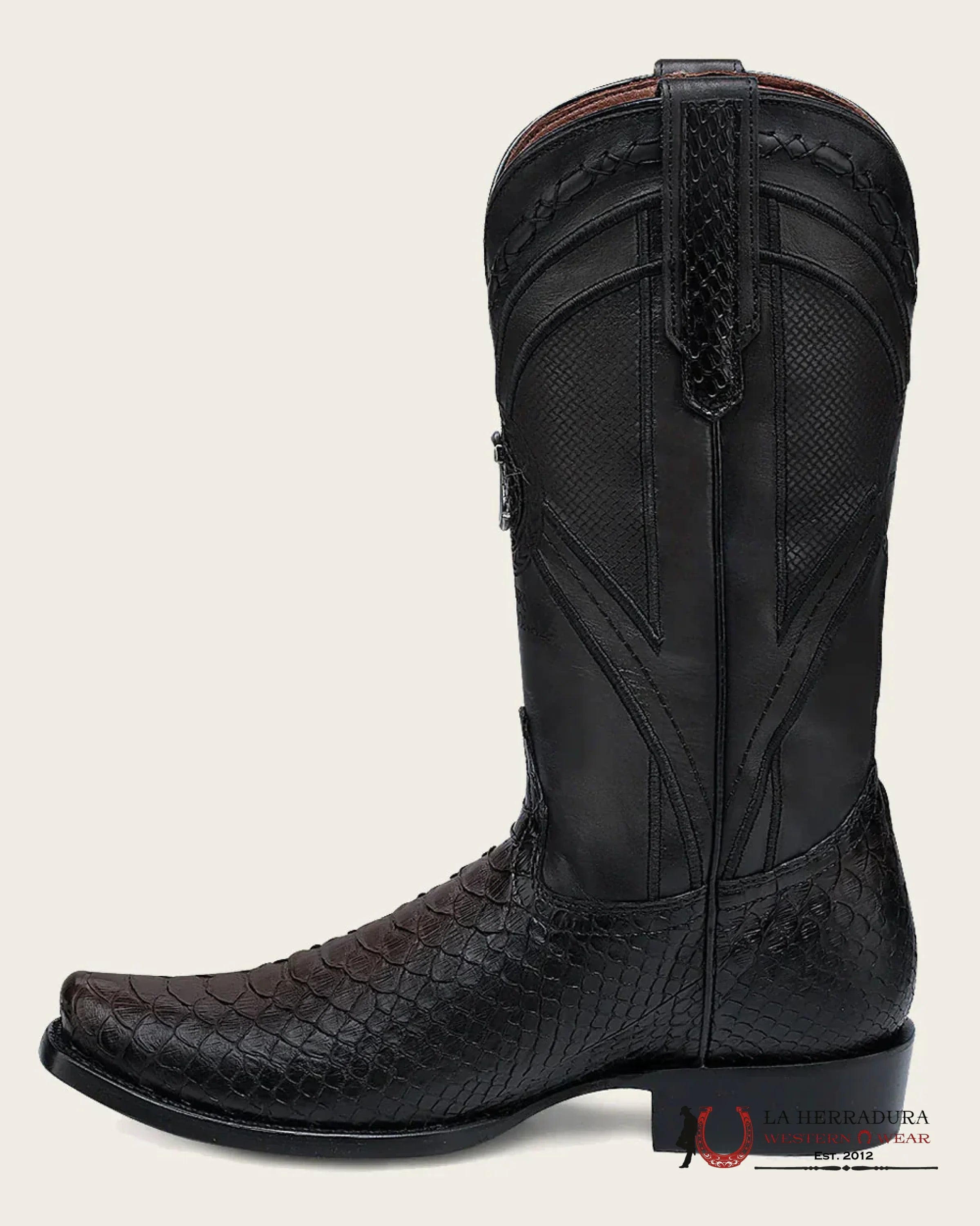 CUADRA BOOTS PYTHON BACK LIBOSA NEGRO/ CHOCOLATE EMBROIDERED & LASER& WOVEN NARROW SQUARE TOE-1J0APH BOTAS HOMBRES