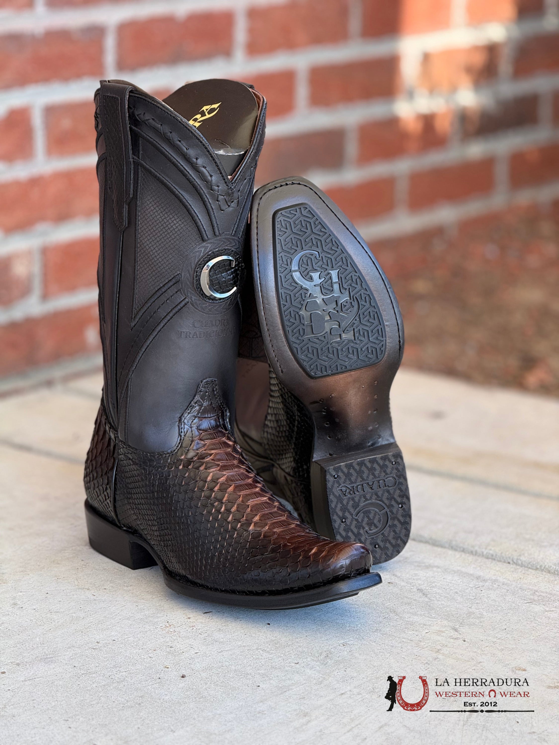 Cuadra Boots Python Back Libosa Negro/ Chocolate Embroidered & Laser& Woven Narrow Square