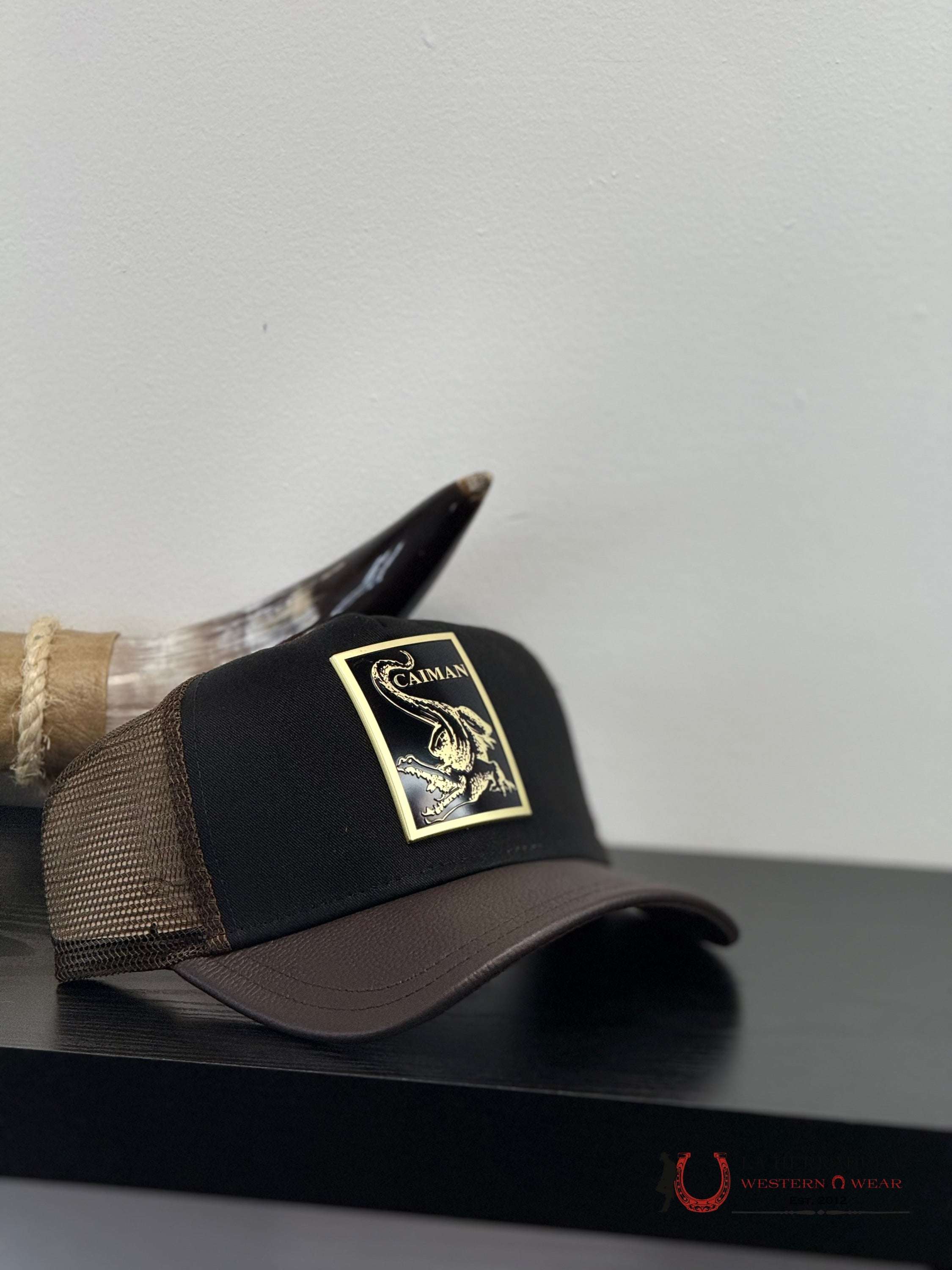 CUADRA DARK BROWN ALLIGATOR METAL PATCH LEATHER CAP - CC117 CAPS MENS GORRAS HOMBRES