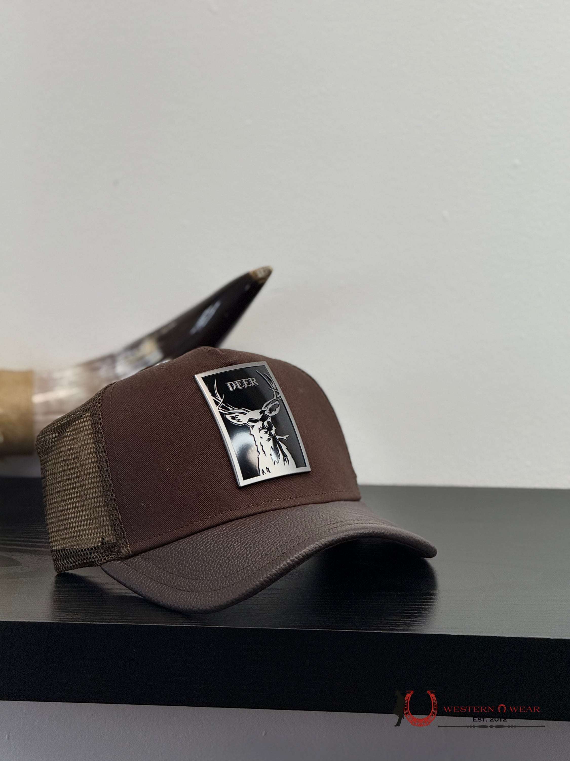 CUADRA DARK BROWN DEER METAL PATCH LEATHER CAP - CC115 CAPS MENS GORRAS HOMBRES