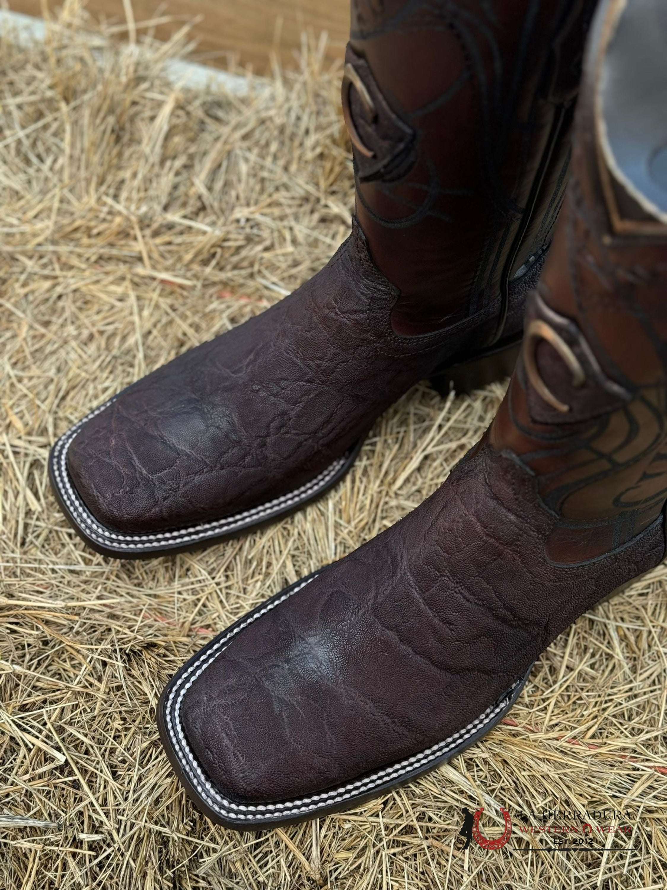 Cuadra Elefante Café Brown Láser & Embroidery Square Toe Boot Botas Hombres