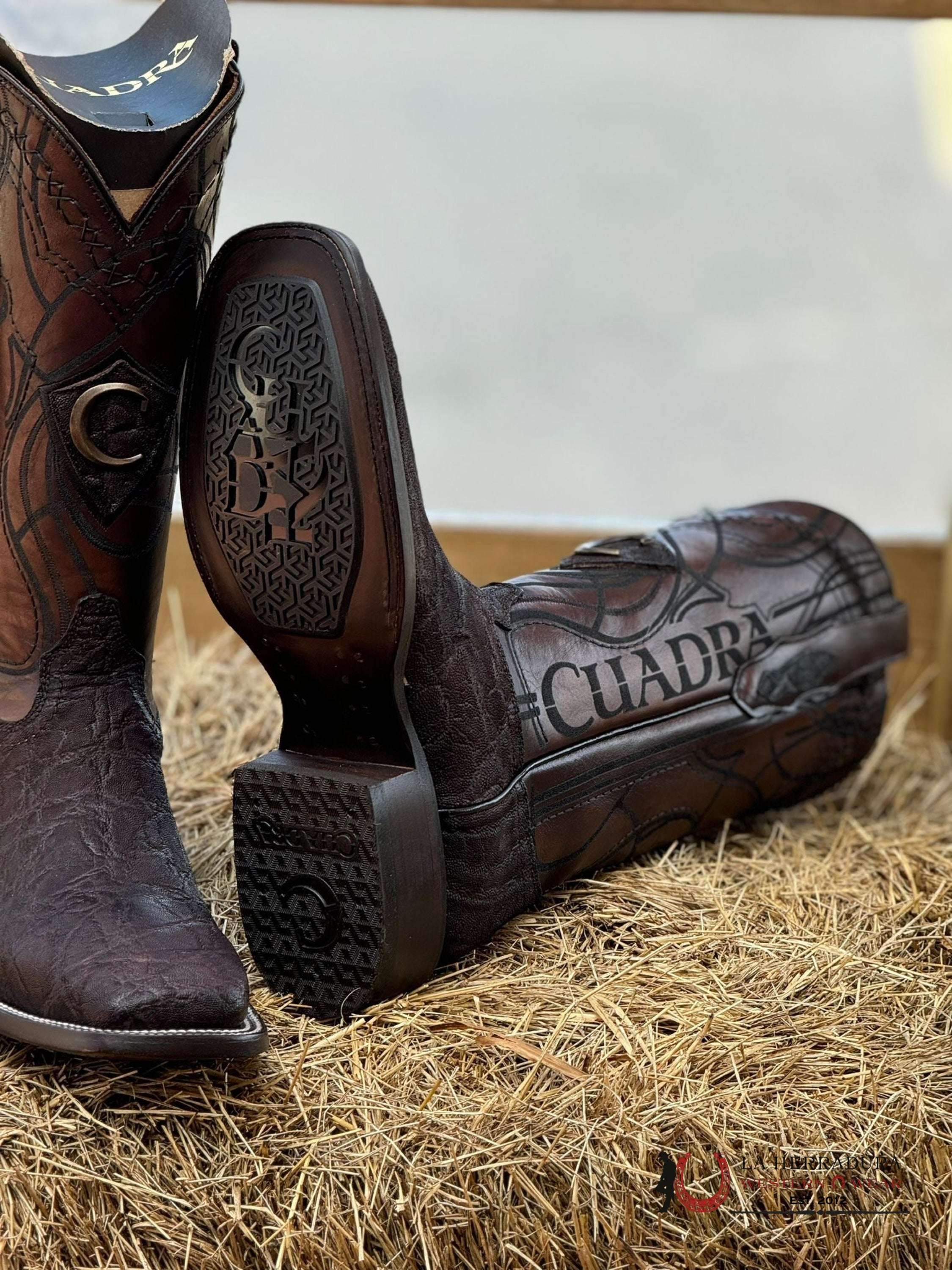 Cuadra Elefante Café Brown Láser & Embroidery Square Toe Boot Botas Hombres