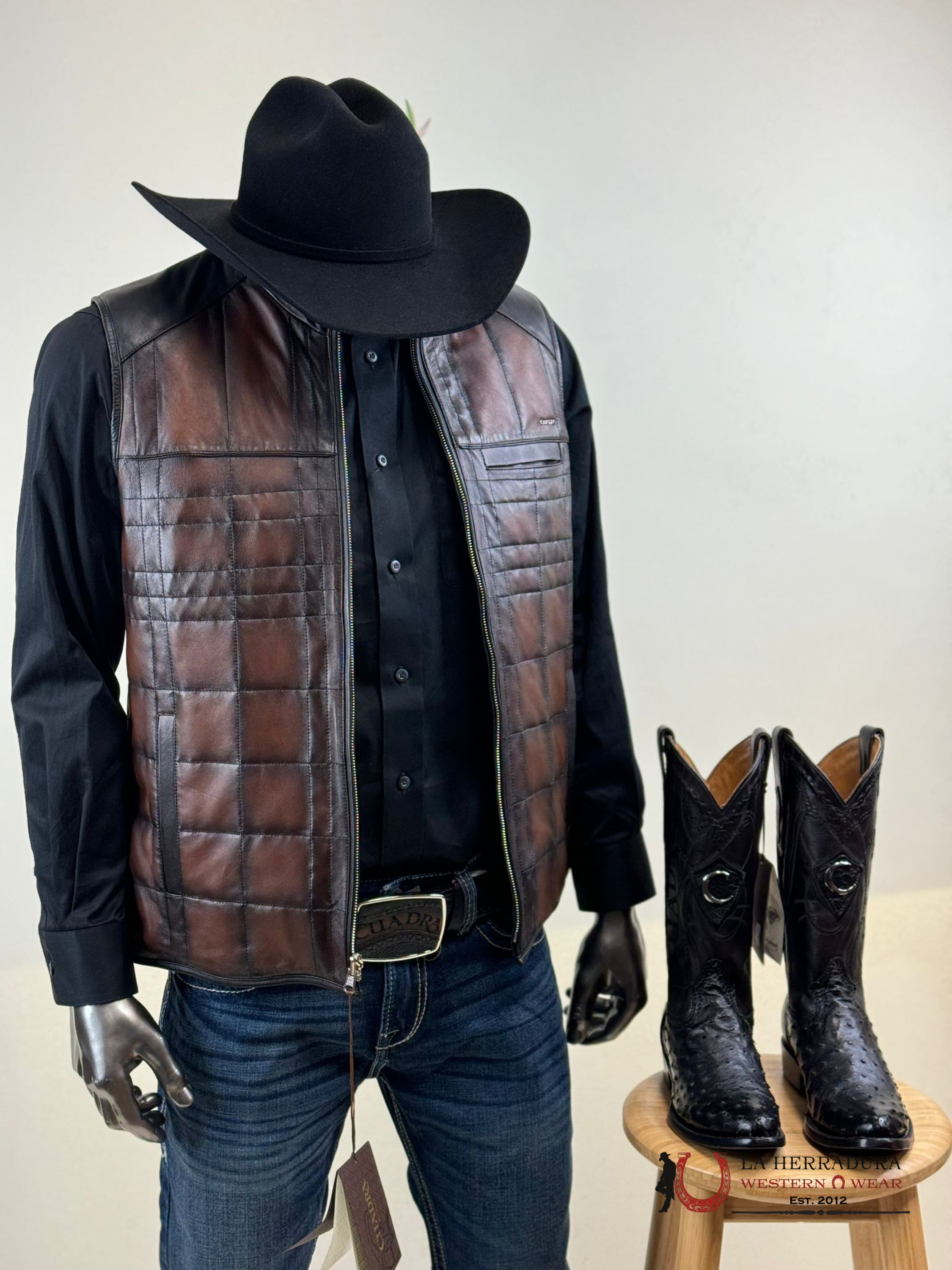 Cuadra Mens Embroidered Brown Leather Reversible Vest Ovine Ropa Hombres