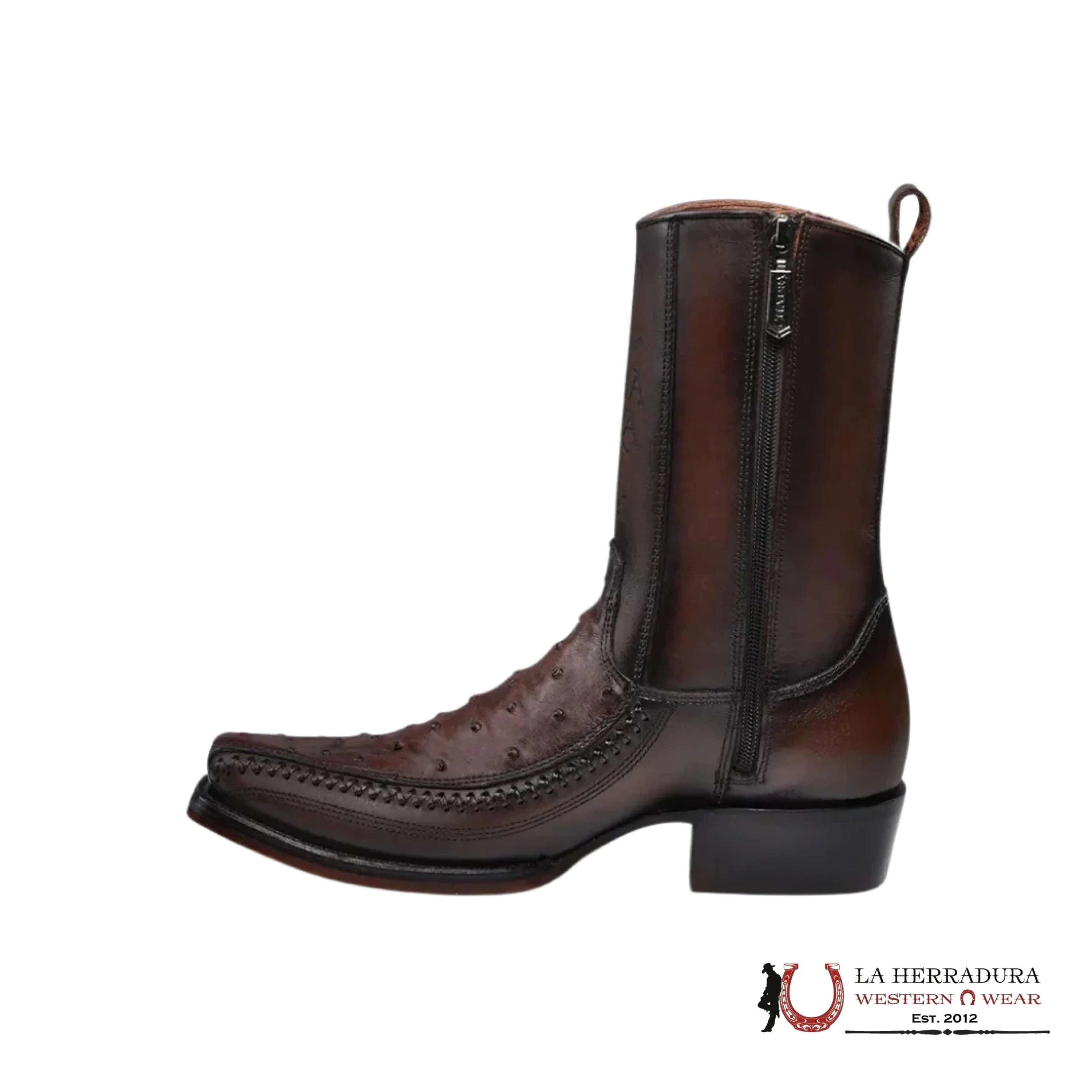 CUADRA SHORT BOOT OSTRICH CHOCOLATE LASER & WOVEN NARROW SQAURE TOE CU803 BOTAS HOMBRES