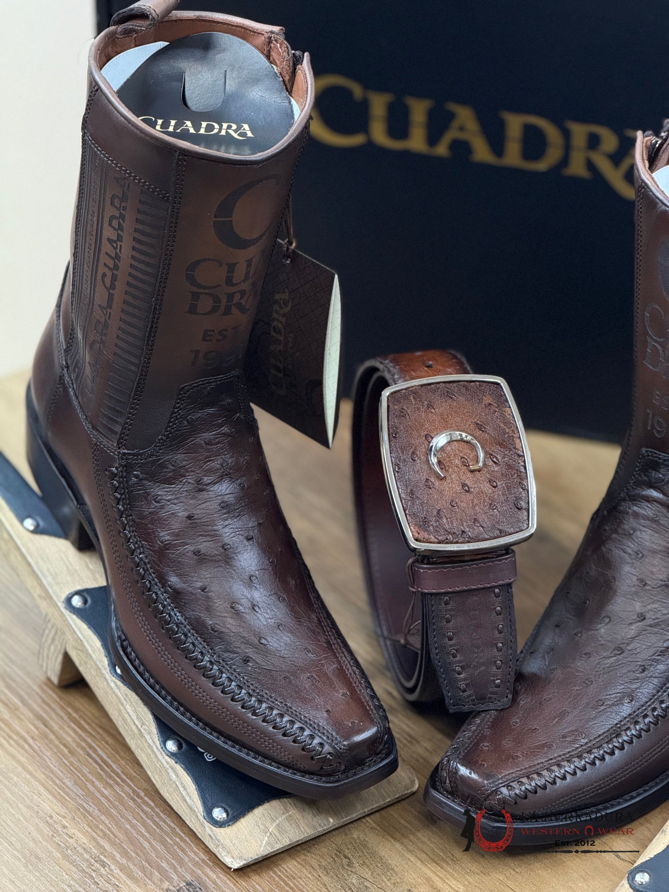 Cuadra Short Boot Ostrich Chocolate Laser & Woven Narrow Sqaure Toe- 1J2Ka1 Botas Hombres
