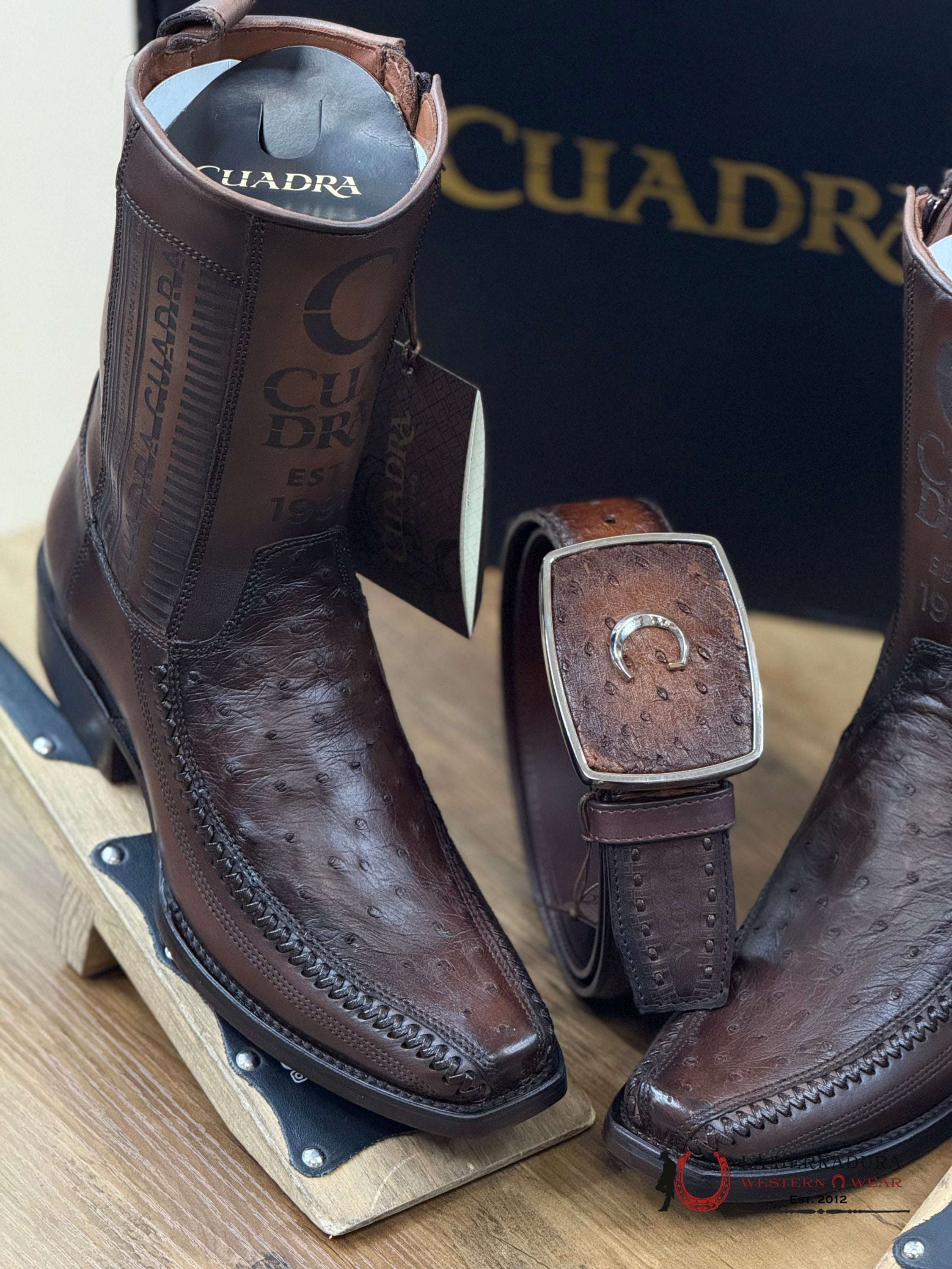 Cuadra Short Boot Ostrich Chocolate Laser & Woven Narrow Sqaure Toe- 1J2Ka1 Botas Hombres