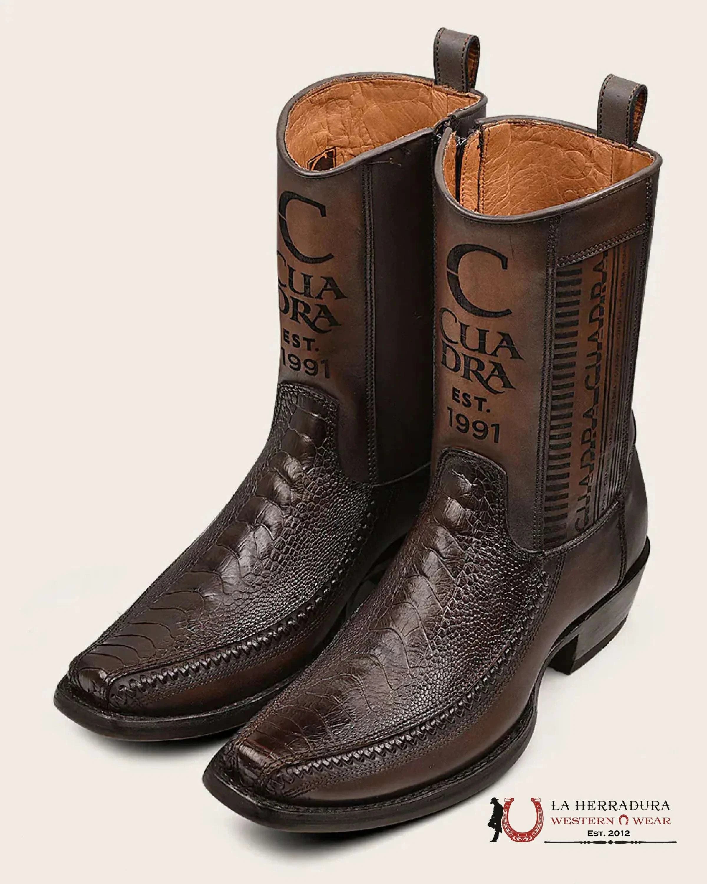 CUADRA SHORT BOOT OSTRICH LEG LASER & WOVEN NARROW SQUARE TOE PATA DE AVESTRUZ CU631 BOTAS HOMBRES
