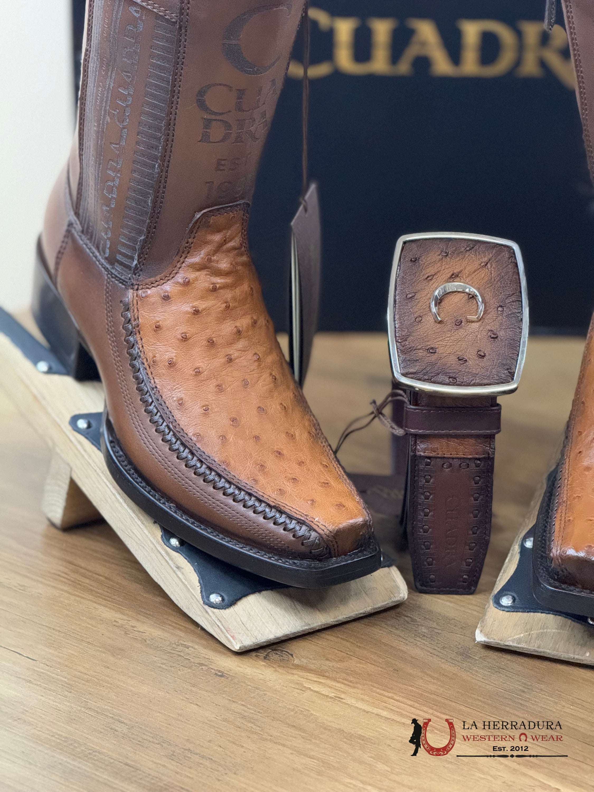 Cuadra Short Boot Ostritch Moroni Chestnut Laser & Woven Narrow Square Toe- 1J2Ka1 Botas Hombres